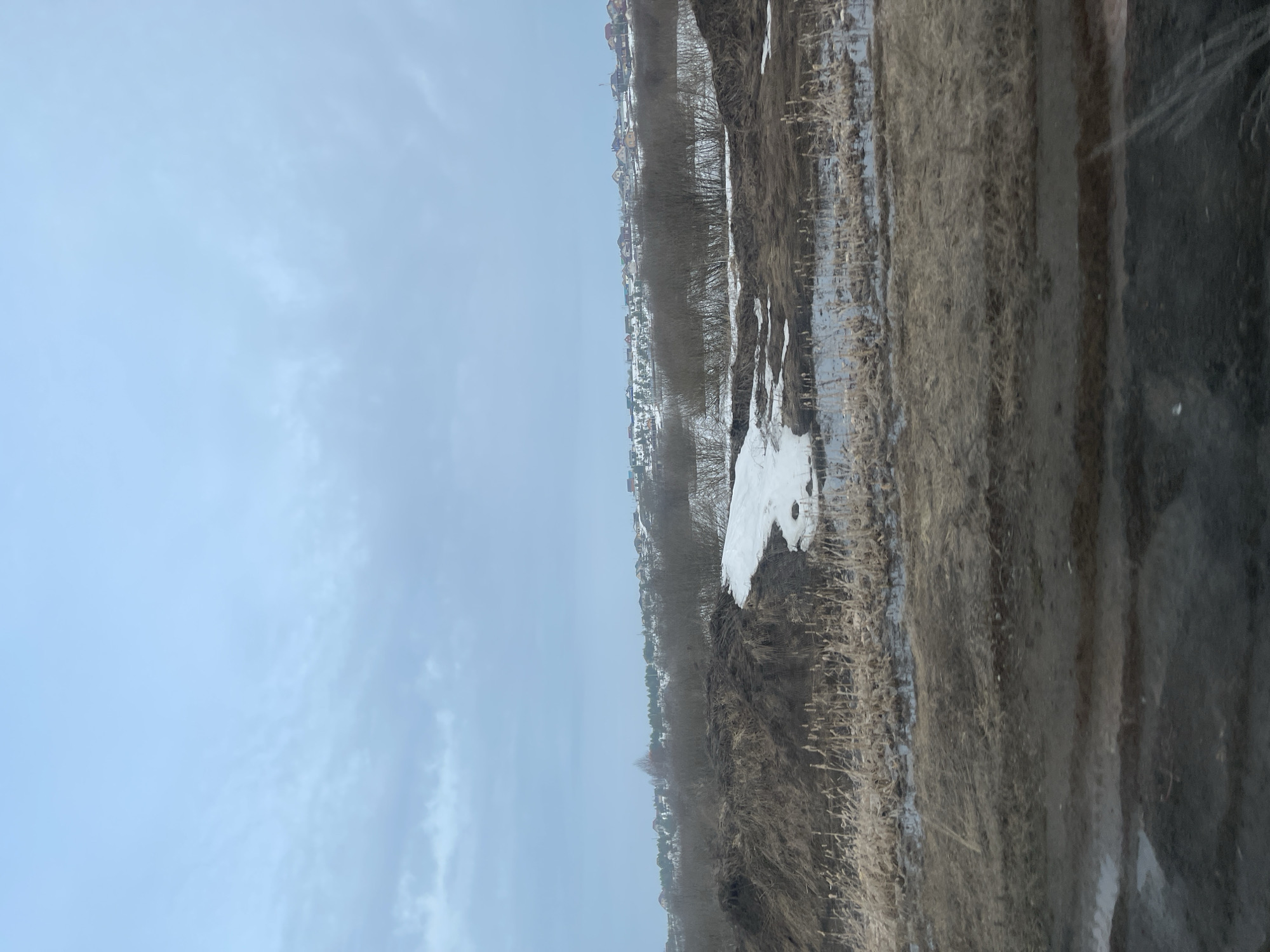 The image depicts a landscape with a focus on the transition from late winter to early spring. A patch of melting snow is visible in the middle ground, contrasting with the surrounding brown, dormant vegetation. In the background, a row of houses is visible, indicating a residential area. The overcast sky suggests a cold and potentially damp atmosphere. The right side of the image is blurred and distorted, likely due to being taken through a window or reflective surface, which obscures the full details of the foreground. Given the prompt's location of Yus'ki, Russia, the landscape is likely representative of the environmental conditions typically found in that region during the transition between seasons. There are no people visible in the frame. The primary subjects are the natural elements (snow, vegetation, sky) and the built environment (houses). The main "action" is the thawing process of the snow.