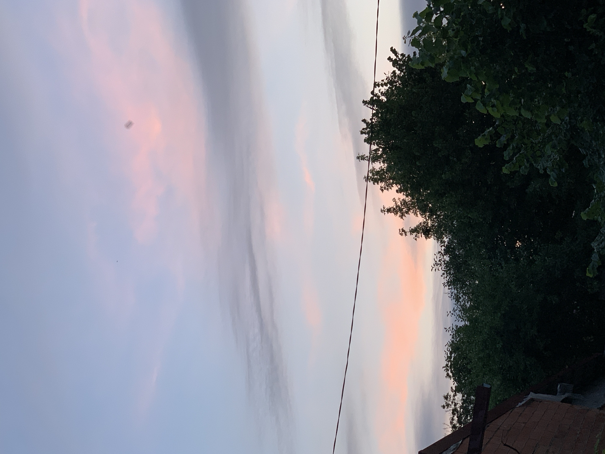 The image depicts a twilight sky with a blend of pale blue and soft pink hues, characteristic of a sunset or sunrise. Wispy clouds are scattered across the sky, some tinged with pink. A thin, dark electrical wire stretches horizontally across the upper portion of the frame. Below the sky, a dense canopy of dark green trees fills the midground and lower portion of the image. To the left, a portion of a building with a reddish-brown, weathered exterior is visible. The overall scene is serene and natural, with the man-made elements of the wire and building contrasting with the expansive sky and foliage. The location is unknown.