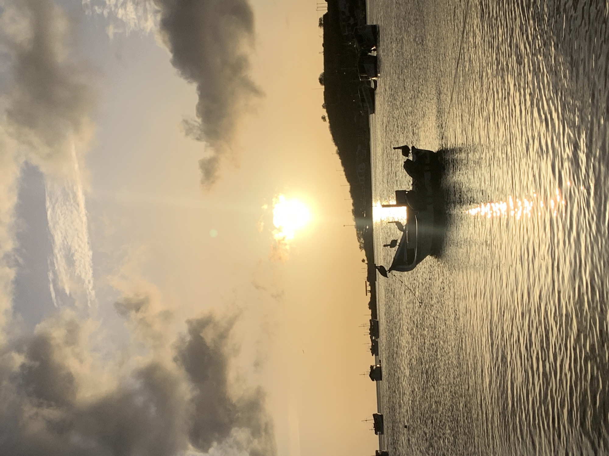 This image depicts a tranquil scene at sunset in Juan Griego, Venezuela. The sun, a bright orb, is partially obscured by clouds, casting a warm, golden light across the sky and water. The water is calm, with gentle ripples reflecting the warm hues of the sunset. Several boats are anchored in the bay, their silhouettes dark against the illuminated water. In the foreground, a small fishing boat is prominent, with three pelicans perched on its edges and railing. One pelican is standing on the bow, another on the stern, and the third is perched on the side railing of the boat. The background shows a hilly coastline with some vegetation and structures, also silhouetted against the sunset. The overall atmosphere is peaceful and serene, typical of a coastal town at the end of the day.