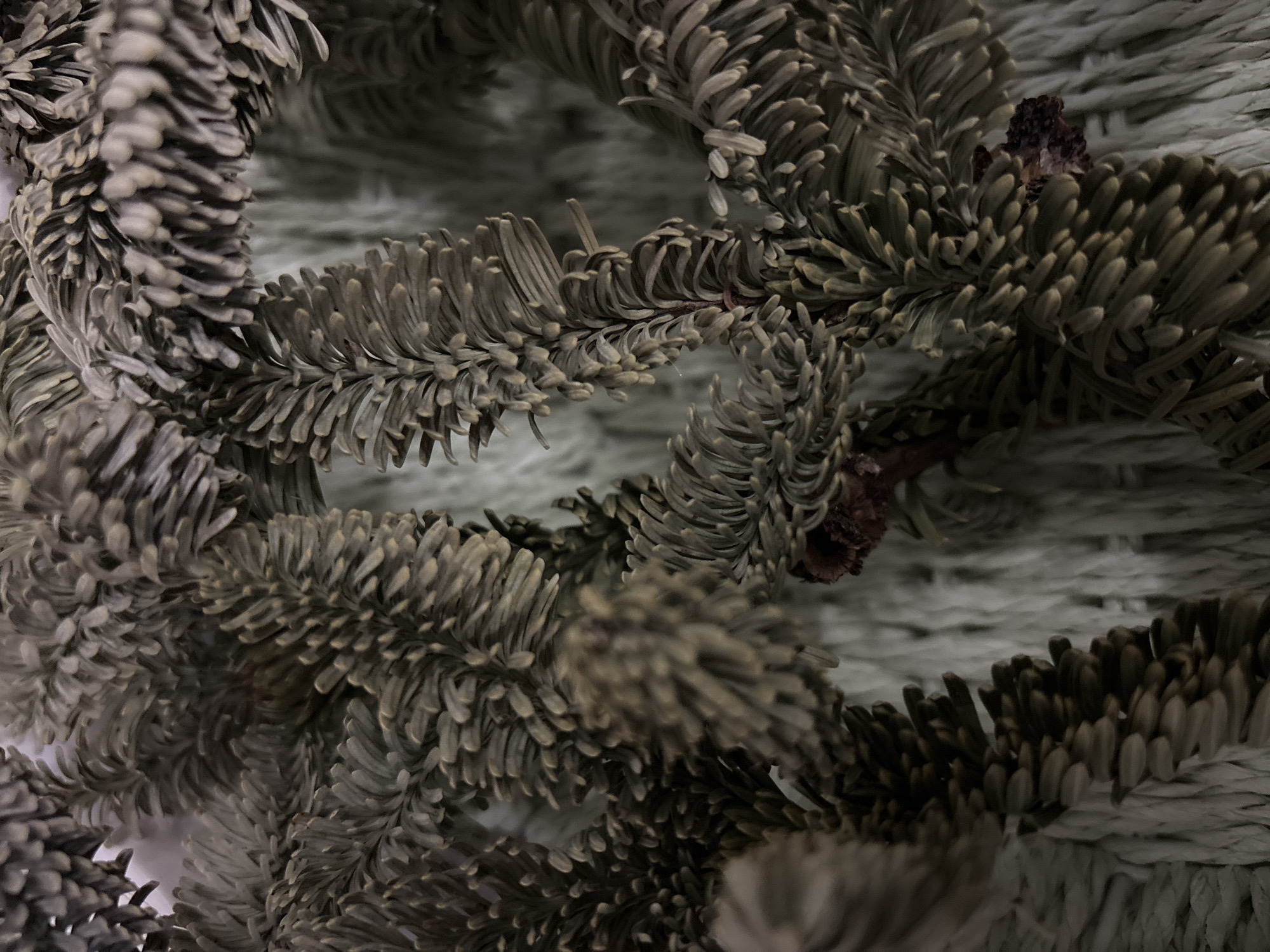 A close-up photograph depicts artificial pine or fir tree branches. The needles are arranged densely along the branches, and some show a slightly brownish hue. The background is a textured, light gray surface, likely another part of the artificial tree or a backdrop. No people, specific locations, or actions are depicted, and the environment is limited to the immediate artificial foliage.