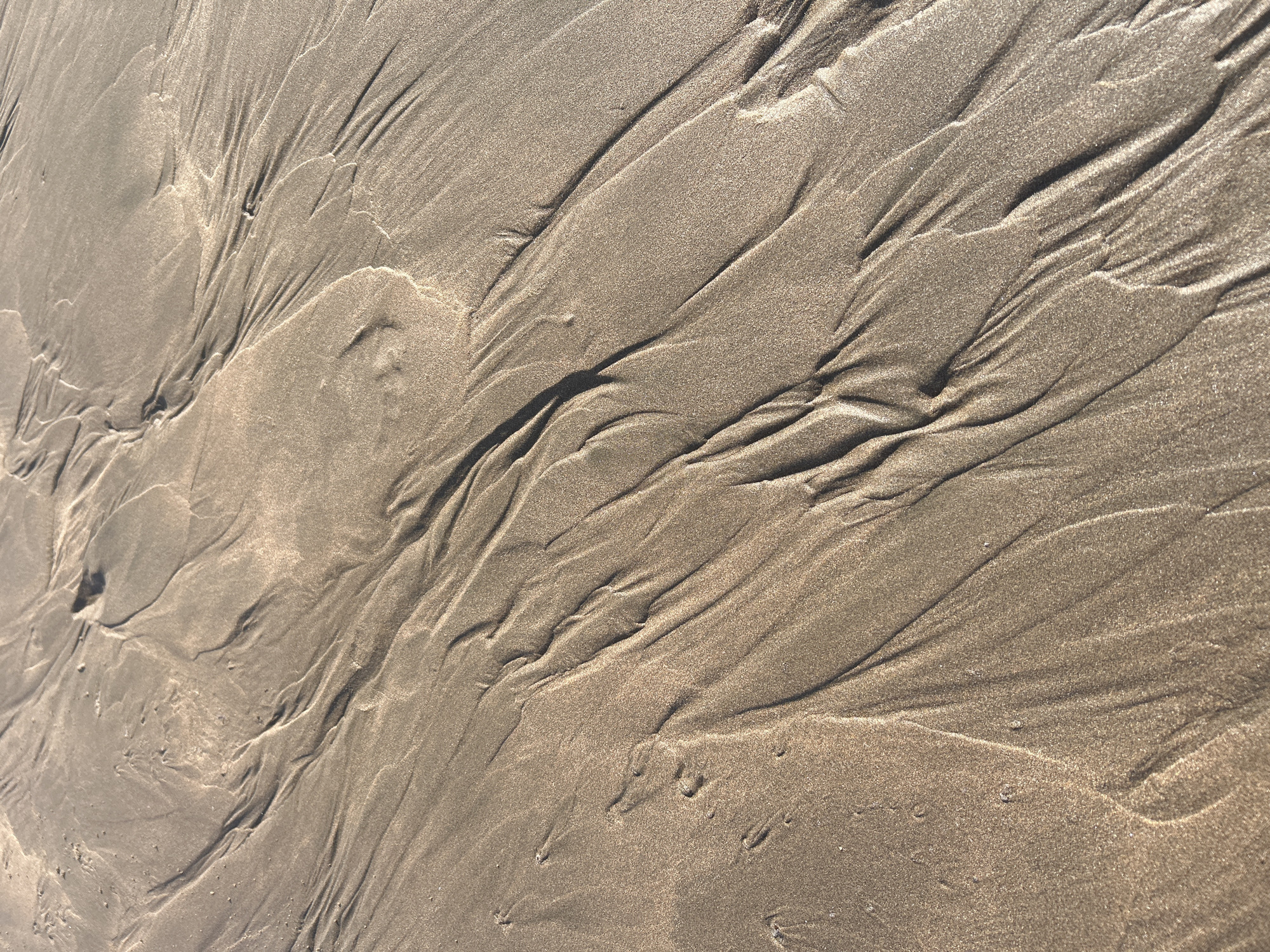 The image depicts wet sand on a beach. The sand exhibits a pattern of ridges and troughs, likely created by receding waves. The color of the sand is a mix of light and dark browns, varying due to moisture content. There are no people, subjects, objects, or actions visible in the image. The location is inferred to be a beach in Casablanca, Morocco.