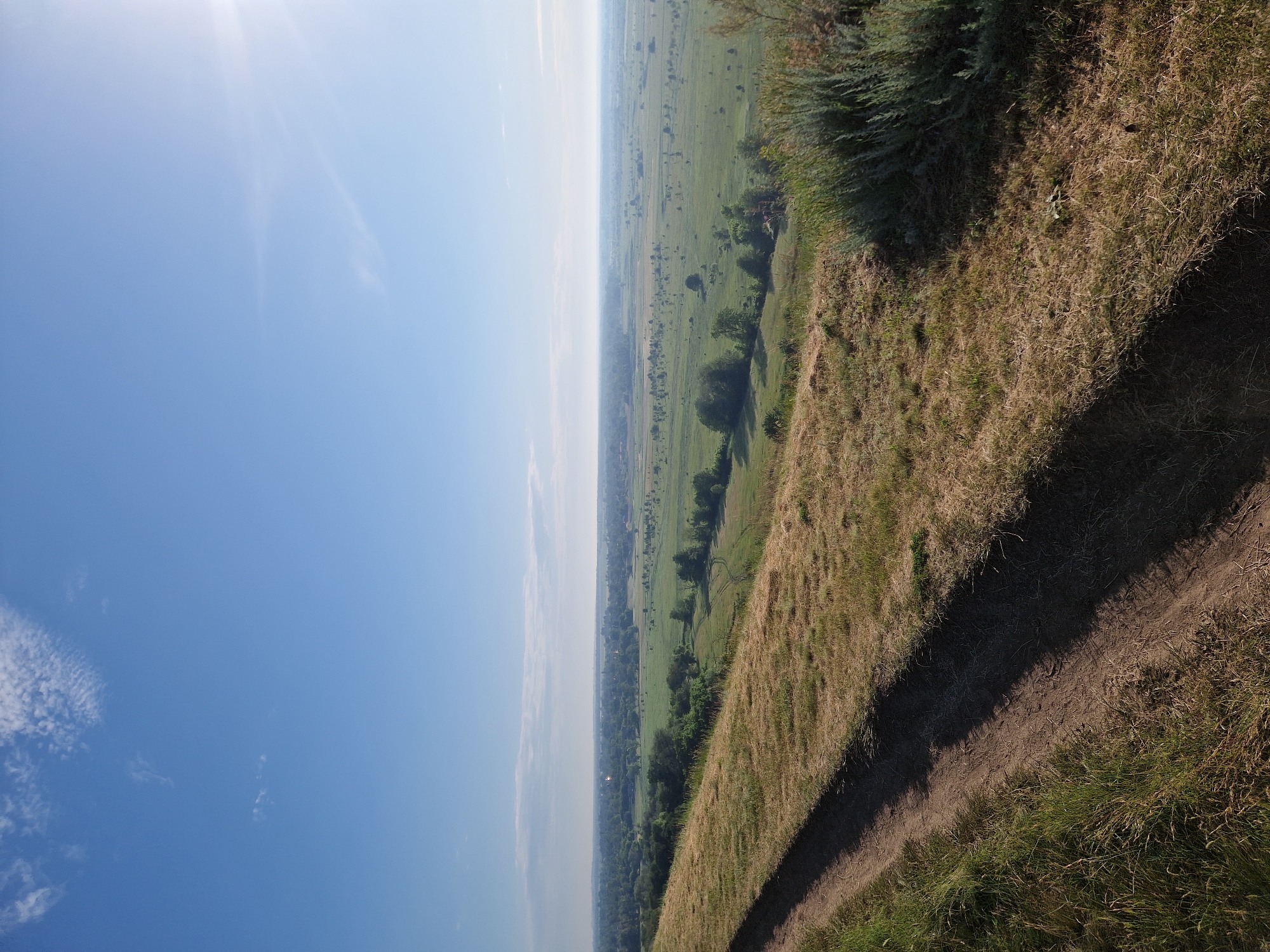 The image depicts a panoramic view of a rural landscape under a clear blue sky with scattered clouds. In the foreground, a dirt path runs diagonally from the bottom left corner upwards towards the center. The path is bordered by dry, brown grass on the right and greener grass on the left. Beyond the path, a sloping hillside covered in similar dry grass leads down to a vast expanse of green fields. These fields are dotted with numerous trees and a small cluster of buildings, suggesting a village or town in the distance. The horizon is marked by a hazy line where the land meets the sky. The sun is visible in the upper right quadrant of the image, casting a bright light and creating a slight glare. The overall scene is serene and natural, evoking a sense of openness and tranquility.