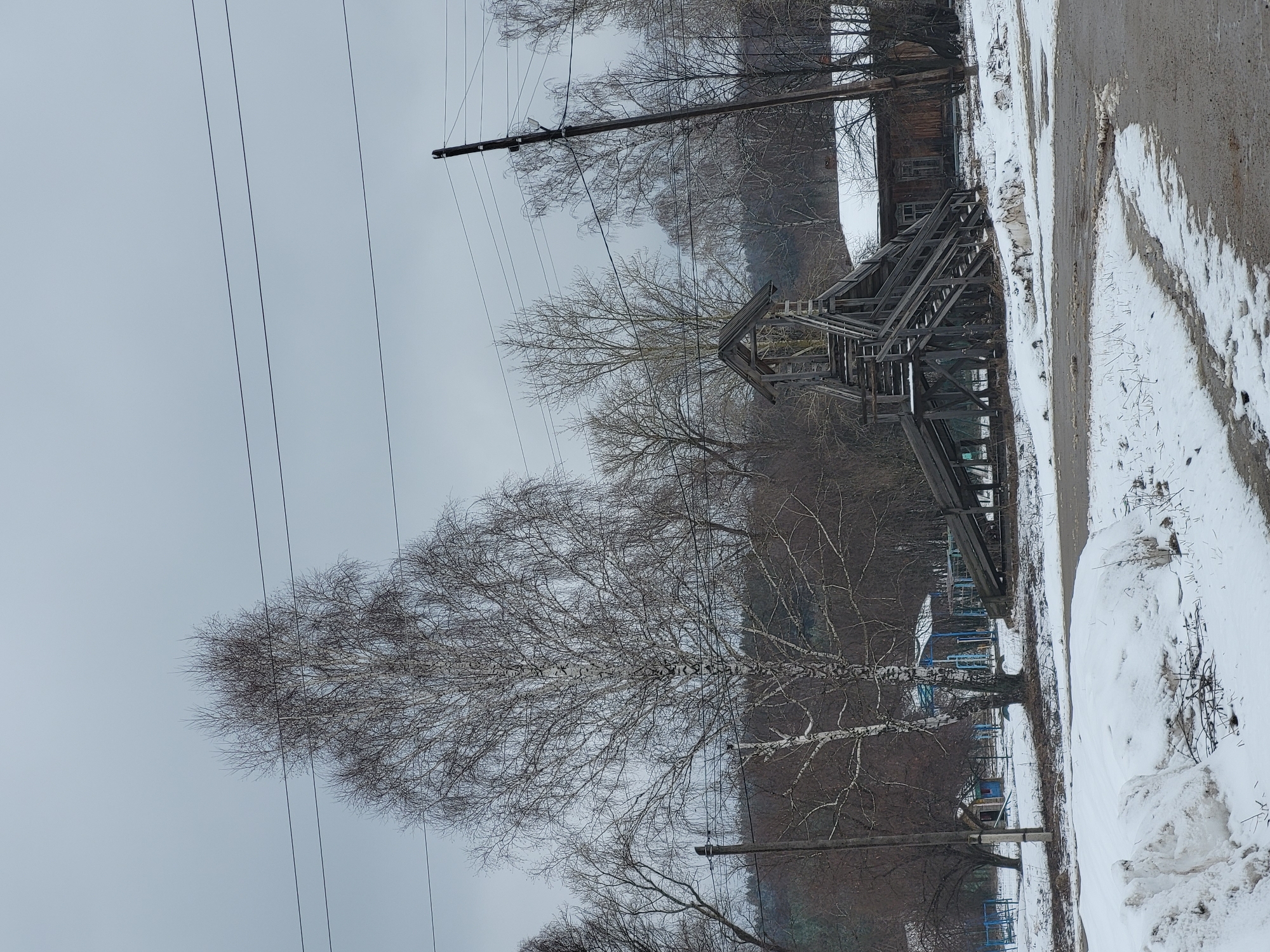 The image shows a rural scene in Зипуново, Russia, likely during winter. The ground is partially covered in snow. A weathered wooden house with an external wooden staircase is visible. Overhead power lines stretch across the sky. Several bare trees are present. A paved road runs along the edge of the frame. In the background, there are glimpses of other houses and possibly a wooded area.