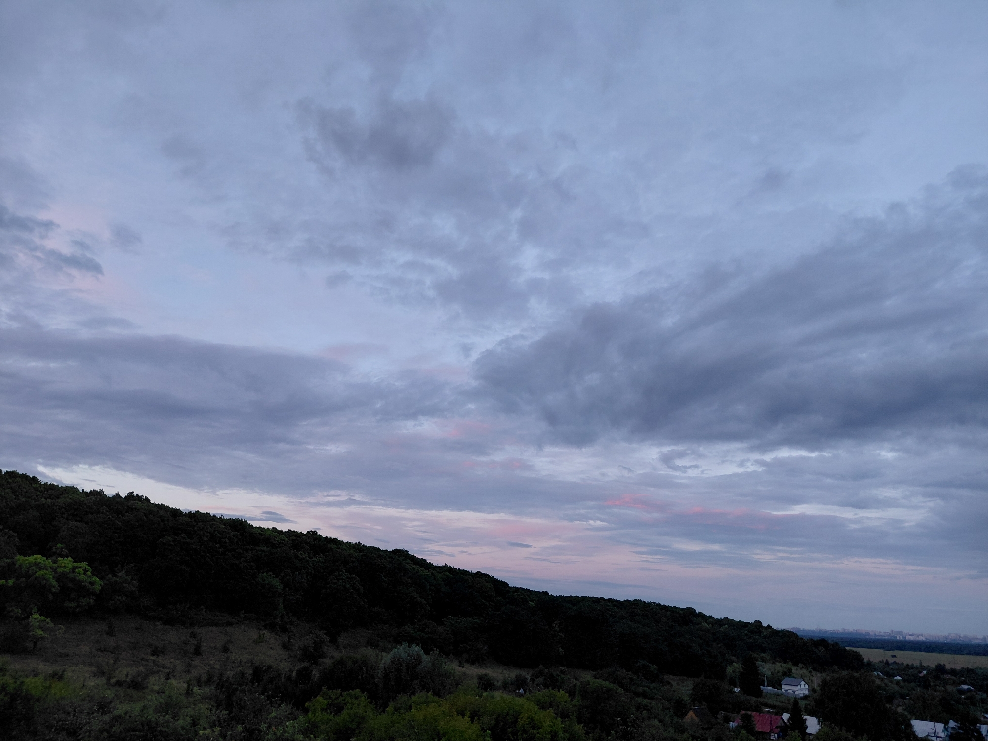 The image depicts a panoramic view of a landscape at dusk, likely from an elevated position looking out over a hilly, forested area. The sky is overcast with a mix of dark gray and lighter, purplish-pink clouds, suggesting the transition from day to night. The foreground features a dense, dark green forest covering the slope of a hill, with some lighter green vegetation and scrub in the lower portions. Further in the distance, a hazy urban skyline is visible on the horizon. Several buildings, including houses with red and white roofs, are scattered amidst the trees in the mid-ground. Two figures appear to be present in the scene, one standing near the edge of the forest in the mid-ground, and another small, indistinct figure further down the slope. The overall impression is one of a rural or semi-rural environment on the outskirts of a city, under a twilight sky. Given the provided context of Novokuybyshevsk, Russia, this scene likely represents a view from a natural vantage point overlooking the city's periphery.