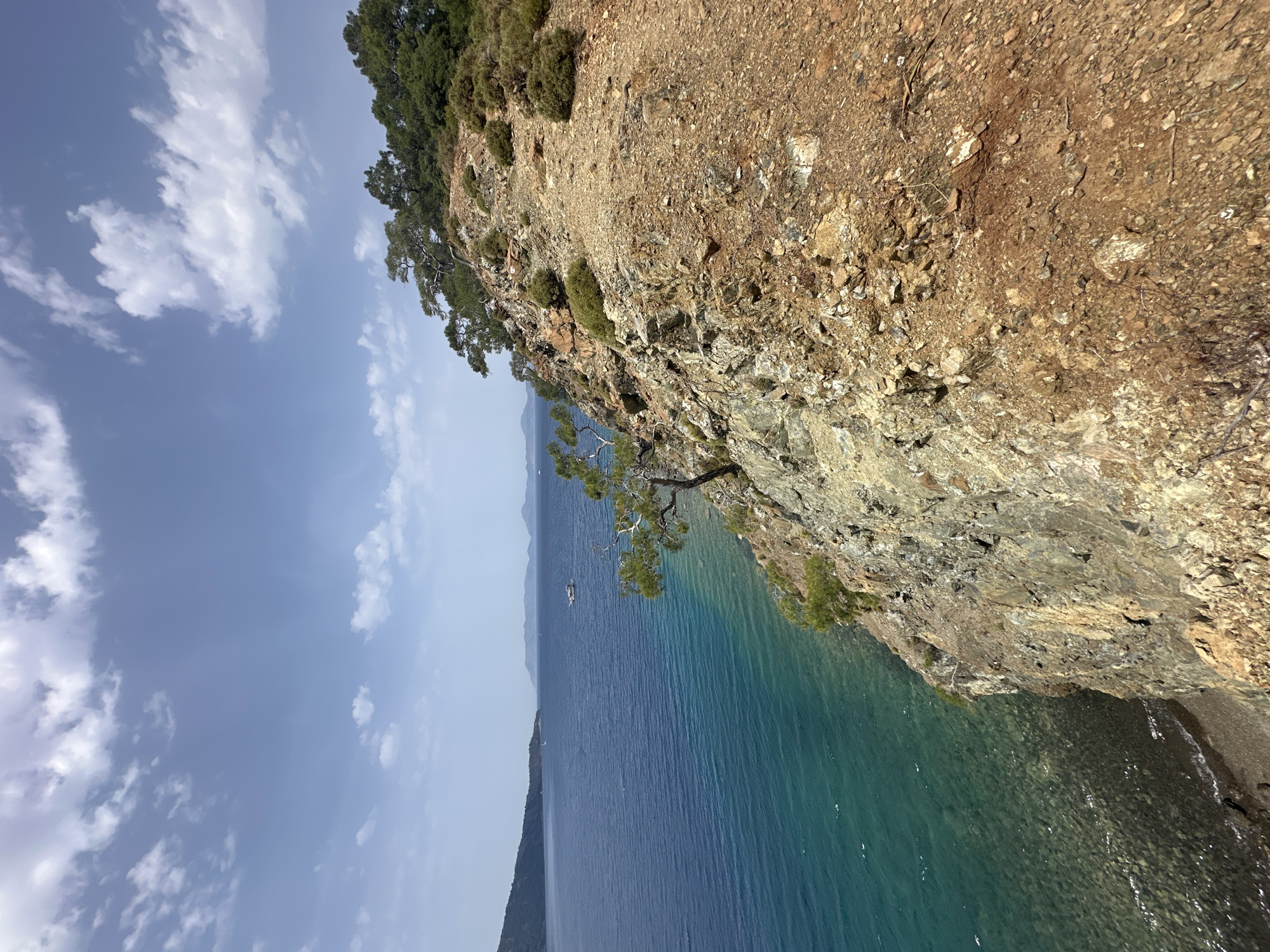 The image captures a vertical view of a rocky cliff face in Fethiye, Turkey, bordering the Aegean Sea. The cliff, composed of brown and tan rock with sparse vegetation, rises sharply from the water's edge. The turquoise sea contrasts with the land. A solitary tree extends from the cliff face, partially obscuring the water. In the distance, a coastline is visible, with a sailboat. The sky is light blue, with white clouds dotting the landscape.