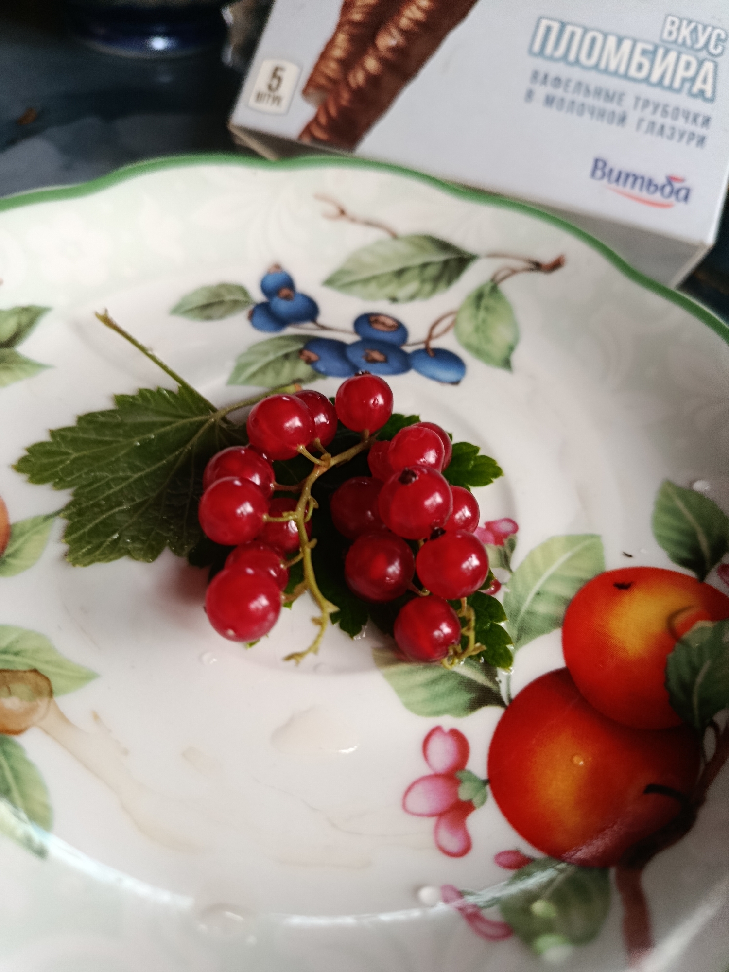 The image shows a close-up of a decorative plate with a painted motif of fruits and berries. In the foreground, a cluster of bright red currants is placed on the plate, accompanied by a single green leaf. The plate itself is adorned with a green rim and features painted blueberries and peaches, with pink floral accents. In the background, slightly out of focus, is a white box with blue lettering. The visible text on the box includes "ПЛОМБИРА", "ВКУС", "ВАФЕЛЬНЫЕ ТРУБОЧКИ В МОЛОЧНОЙ ГЛАЗУРИ", and "Витьба". The lighting suggests an indoor setting, possibly a kitchen or dining area, and there are water droplets visible on the currants and the plate, indicating they may have been recently washed or are fresh. The overall scene is simple and focuses on the fresh fruit and the decorative plate. The context provided mentions Верея, Russia, which is a city. No people are visible in the image.