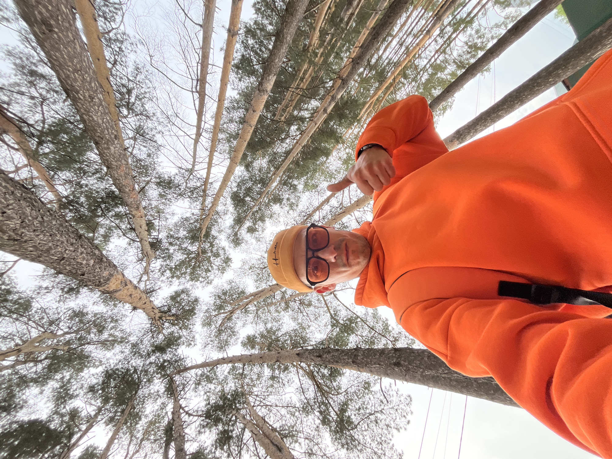 An individual, visible from the chest up, is captured in a low-angle, upward-looking perspective against a backdrop of tall trees and an overcast sky. The person is wearing a vibrant orange hoodie, a light-colored beanie (possibly yellow or tan), and sunglasses with distinctive orange-tinted lenses. Their right hand is raised, with the index finger pointing downwards and slightly to the left.
The surrounding environment consists of numerous slender tree trunks stretching upwards. Some trees are coniferous, showing sparse green needles, while others appear to be bare-branched deciduous trees, suggesting late autumn, winter, or early spring. The sky is bright and uniformly cloudy, indicating an overcast day. The extreme upward angle of the shot causes the tree trunks to converge towards the top of the frame, creating an immersive, canopy-like view.
The scene depicts a wooded area, likely a forest, in Chaikovsky, Russia. The man's expression is neutral, partially hidden by the sunglasses. There appears to be indistinct text or a logo on the beanie.