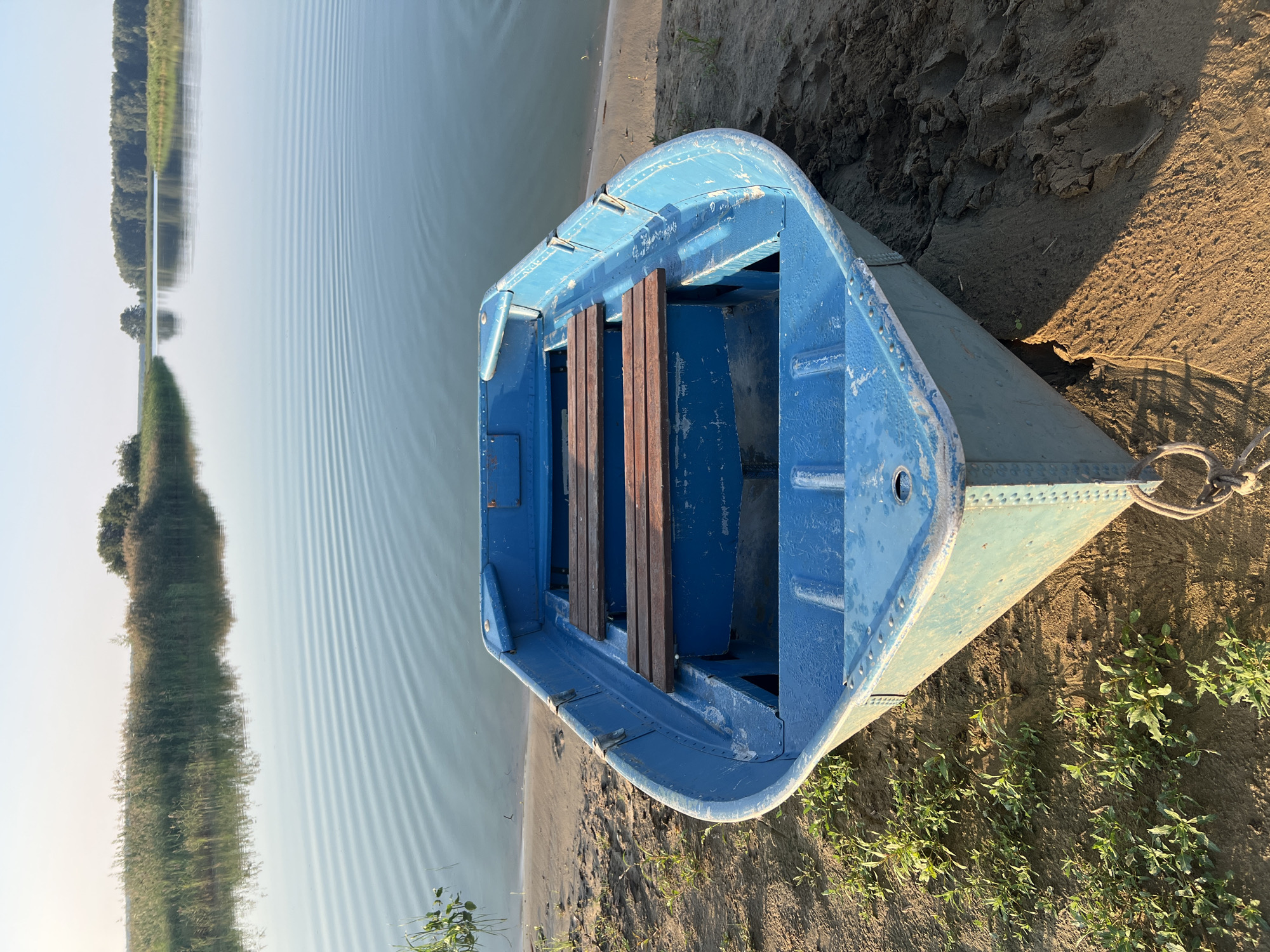 A bright blue, weathered metal rowboat rests on a sandy shore, its bow pointed towards a calm body of water. The boat has two wooden slatted benches inside. The water's surface is rippled and reflects the pale sky and distant trees. The shore is sandy with patches of green grass and mud. The background shows a line of trees and tall reeds along the opposite bank of the water. The scene is bathed in soft, natural light, suggesting early morning or late afternoon. The location is Zav'yalovo, Russia. There are no people present in the image.