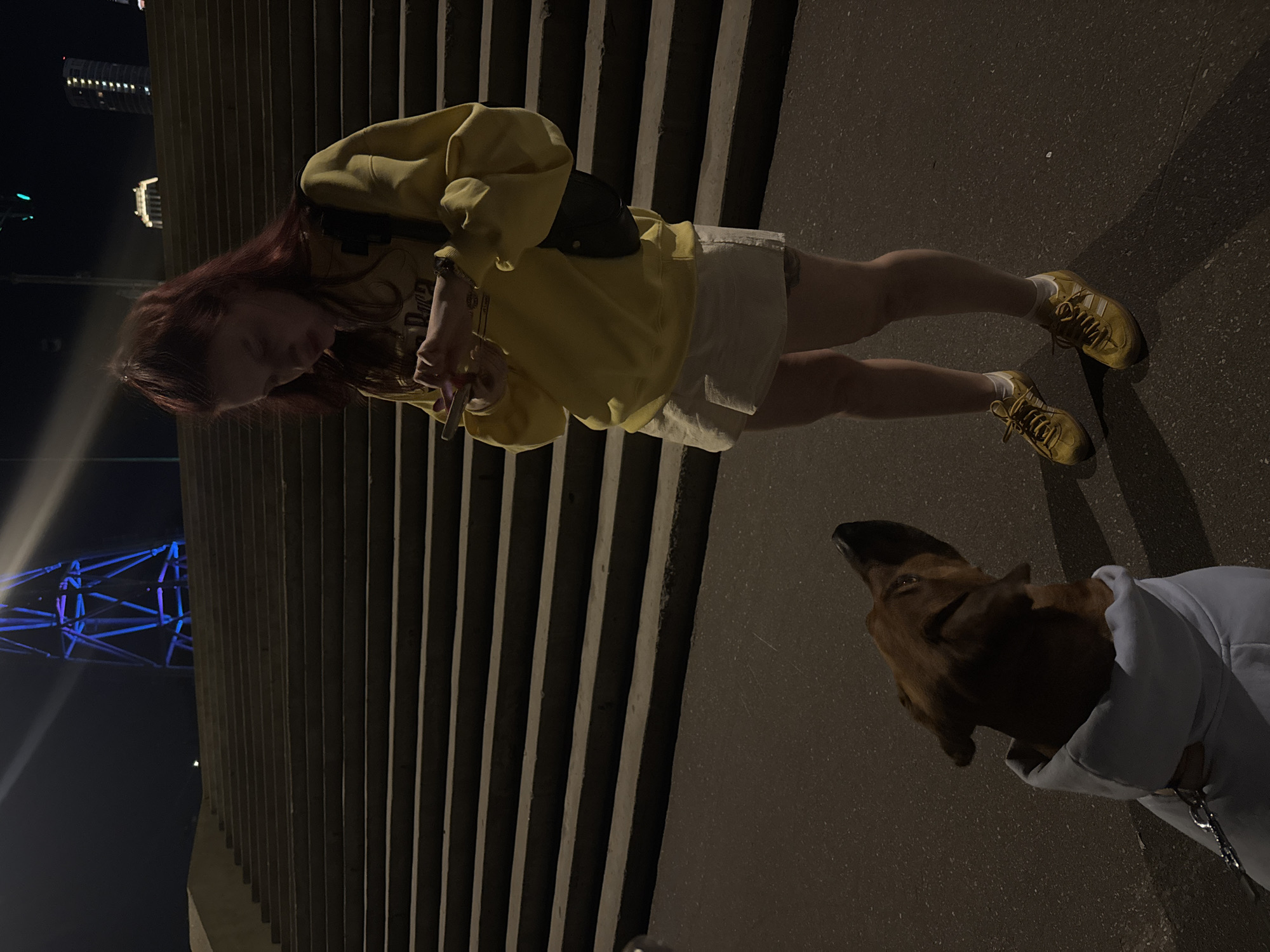 A woman with reddish-brown hair, wearing a yellow hoodie, white shorts, and yellow sneakers, stands on a dark pavement beside a set of concrete stairs. She appears to be holding a small object, possibly a lighter or cigarette, in her hands and looking down at it. Beside her, a brown dog wearing a light-colored hoodie looks up towards the woman. In the background, partially obscured by the stairs, is a Ferris wheel illuminated in blue and white. The scene is lit by artificial lighting, suggesting it is nighttime. The location is Nizhny Novgorod, Russia, based on the presence of the Ferris wheel, which is a known landmark in that city.