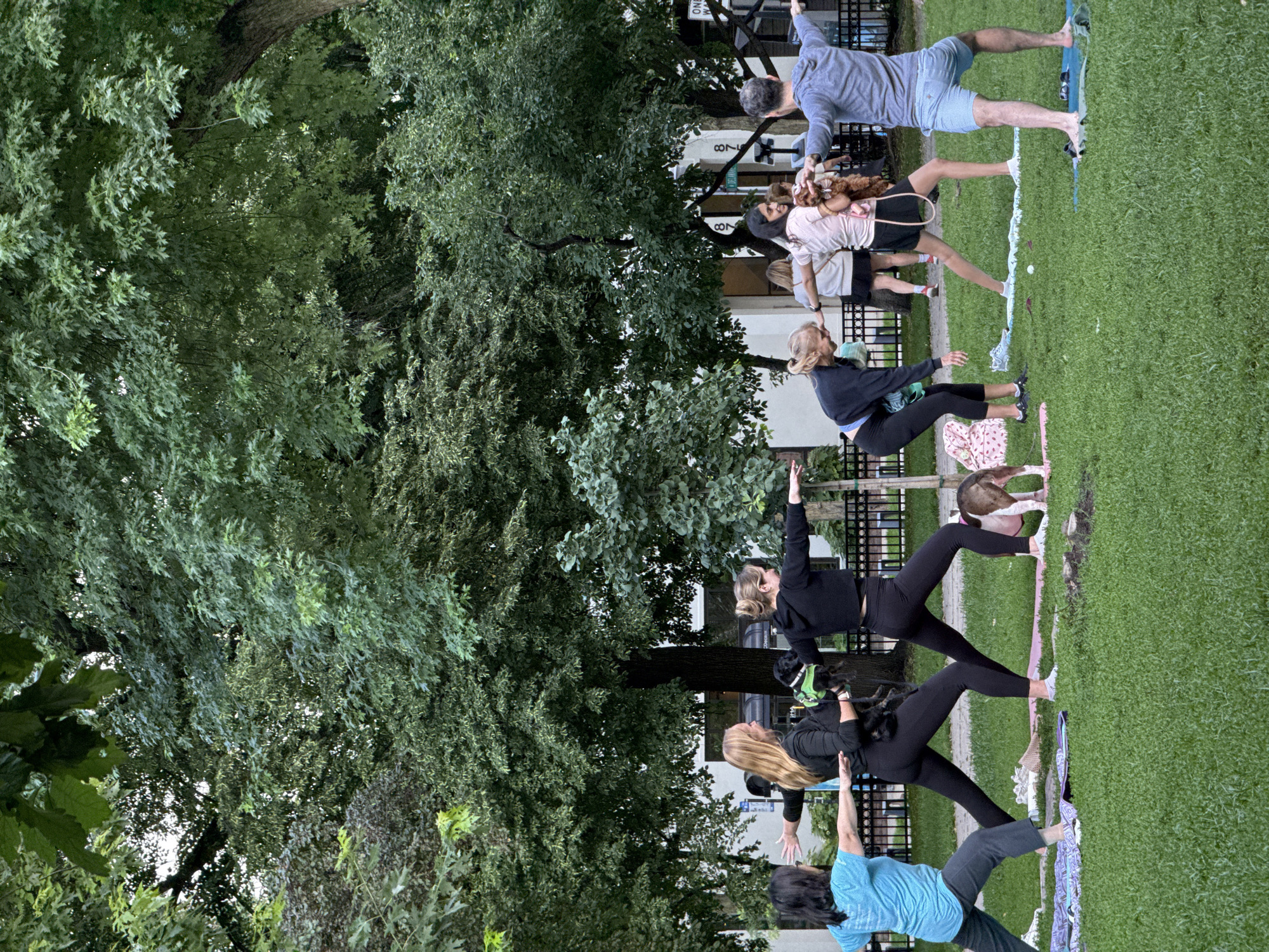 The image shows a group of people practicing yoga on a grassy lawn in front of a building. The people are in various yoga poses, and some are holding dogs. The environment is a park-like setting with trees and lush green grass. The building appears to be a commercial establishment with windows and signage. The time of day seems to be late afternoon or early evening, as indicated by the soft lighting. The scene depicts a healthy and recreational activity taking place in an urban setting. Without further information or context, it is not possible to identify the specific location in Chicago.