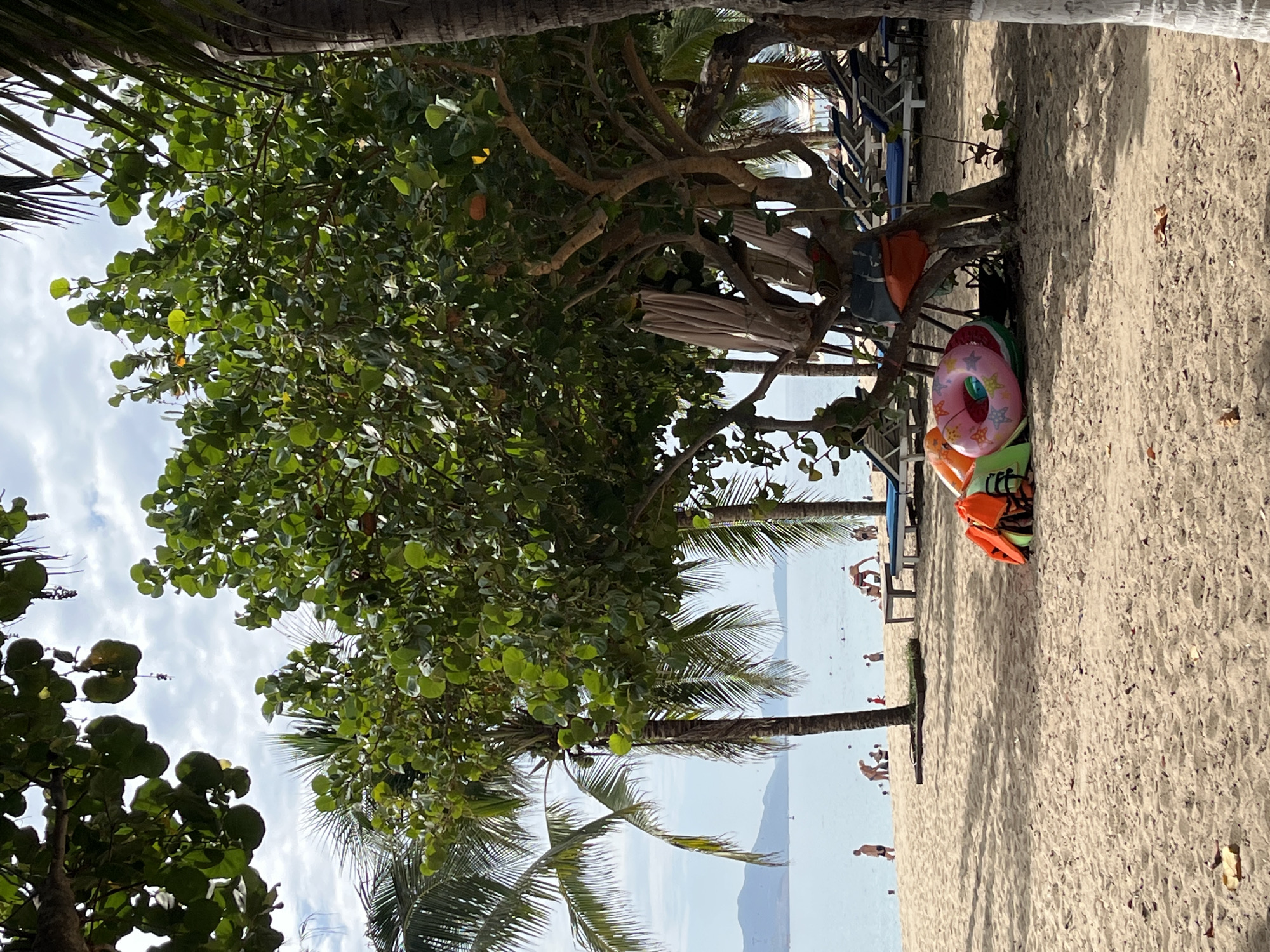 A sunny day at Nha Trang beach, Vietnam. In the foreground, a pile of brightly colored life jackets and inflatable rings rests on the sand. Beyond them, palm trees cast dappled shadows on the beach. In the background, people are scattered along the shoreline, some wading in the calm, blue ocean, while others relax on lounge chairs under umbrellas. The water is clear and inviting, and distant islands form a picturesque backdrop. The overall scene is one of relaxation and enjoyment at a tropical paradise.