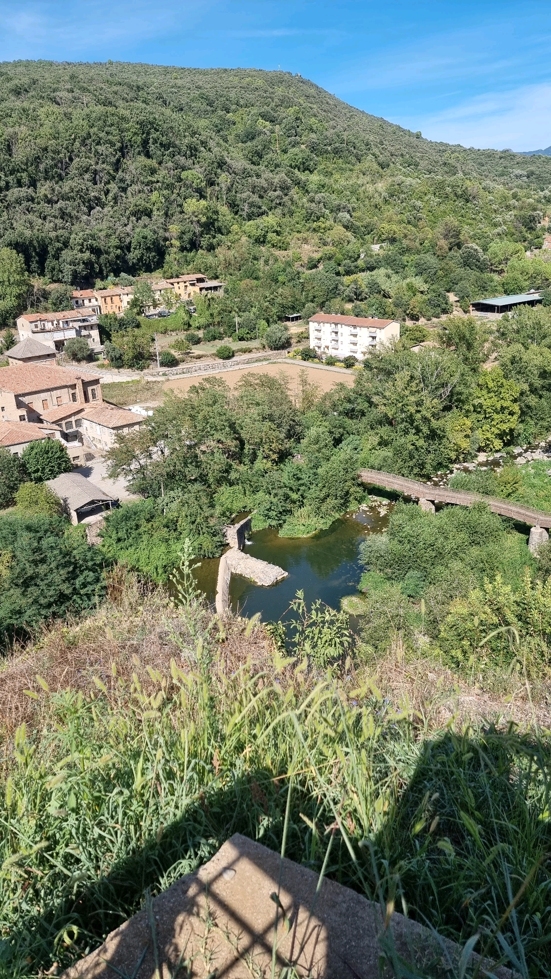 A vertical, medium-shot photograph captures a sunlit, rural landscape with a body of water and a bridge. The foreground features an array of tall, dry grasses and some green foliage, casting a striped shadow from an unseen object onto the ground. In the mid-ground, a dark, calm body of water is visible, bordered by lush green trees and vegetation. A small, man-made stone structure with water cascading over it is situated on the left side of the water. Further across the water, a wooden pedestrian bridge spans the body of water, supported by stone pillars on either side. Beyond the water and bridge, several buildings are visible, including a large, modern-looking white building with multiple floors and balconies, and a cluster of older, reddish-brown tiled roof buildings. The background is dominated by a densely forested hillside that rises steeply, with a few more scattered buildings visible amidst the trees closer to the base of the hill. The sky above is a clear, pale blue. The scene depicts a serene natural setting with human habitation.