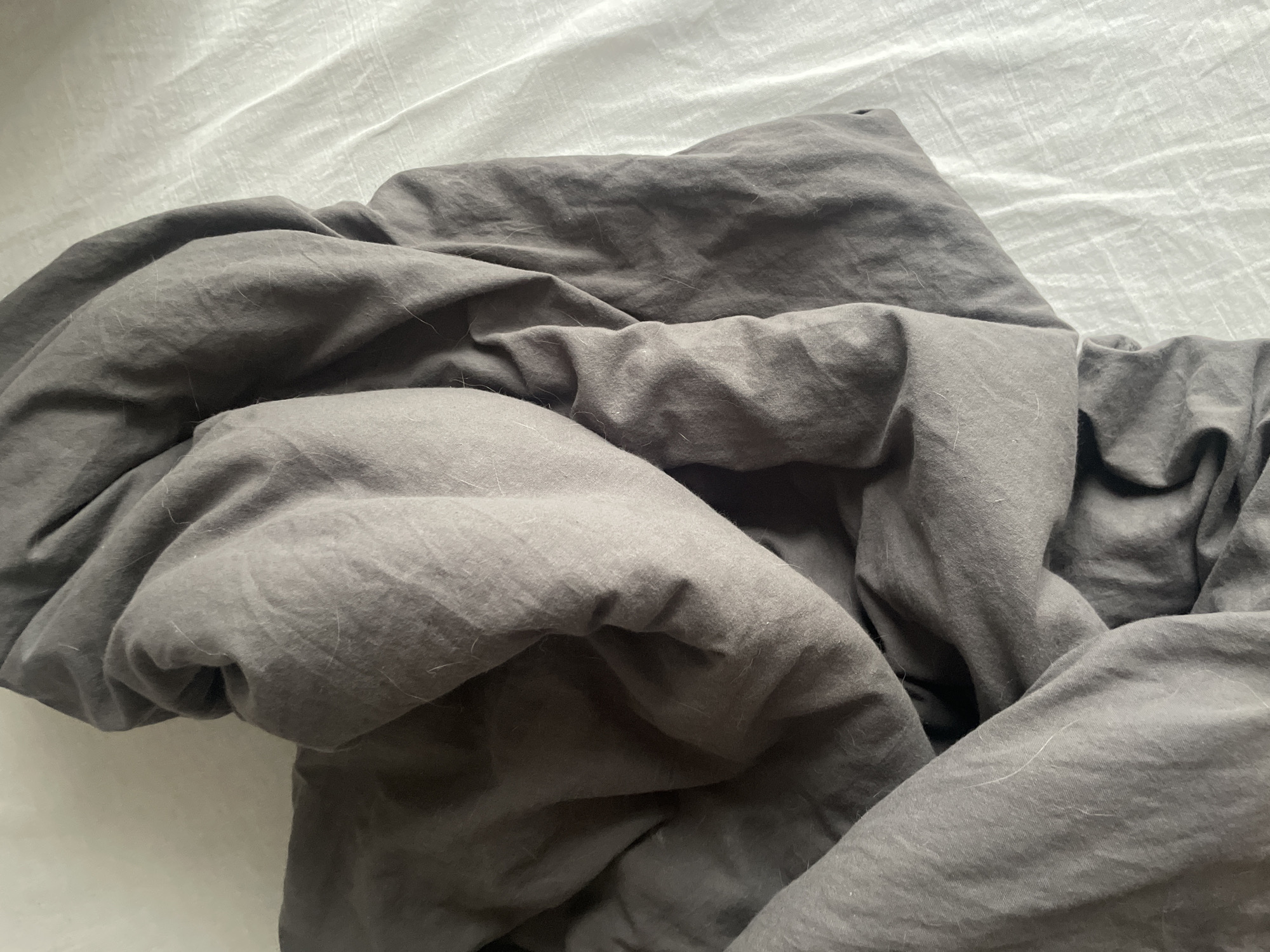 A close-up overhead shot shows a bed with dark gray bedding partially covering a white sheet. The dark gray bedding is rumpled and draped, creating folds and shadows. The white sheet beneath has a textured, slightly wrinkled surface. A few light-colored fibers are visible on the dark gray fabric. The scene is indoors, on a bed, likely in a residential setting within the city of Poroshkino, Russia. No individuals or specific actions are depicted.