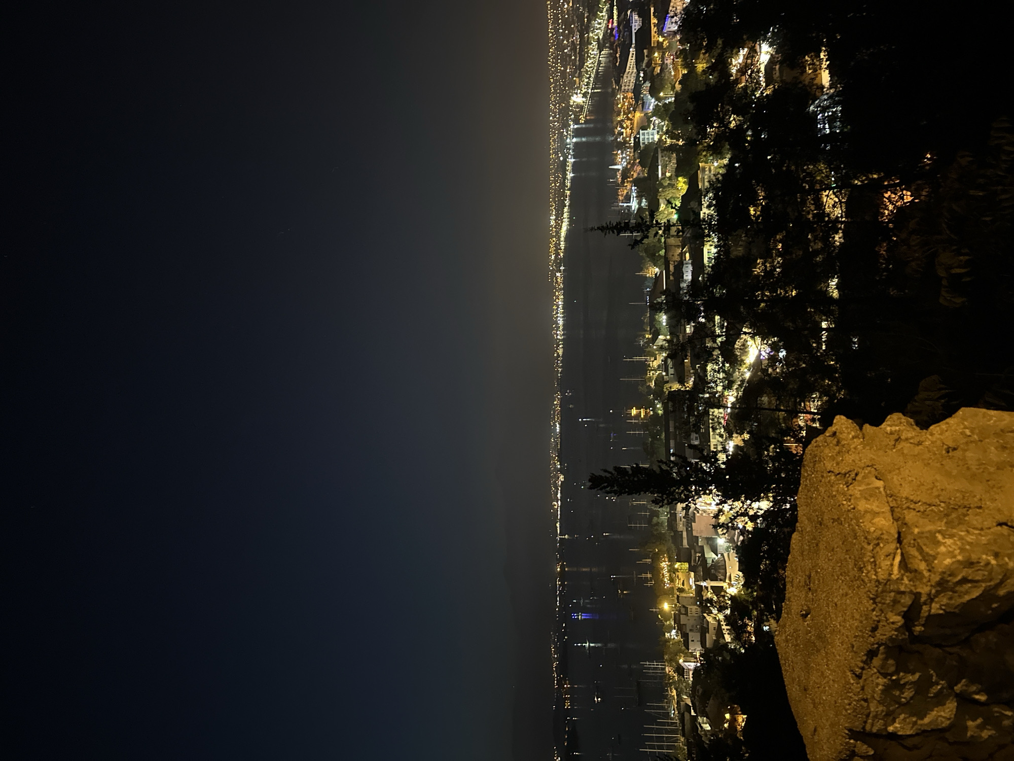The image captures a panoramic, elevated view of the coastal city of Fethiye, Turkey, at night. The scene is dominated by the sprawling urban lights along a large bay or harbor, set against a dark night sky.
In the foreground, a prominent, rugged rock formation or cliff face is visible, warmly illuminated, showcasing its textured surface. Immediately beyond this rock, and extending across the midground, are the dark silhouettes of trees and foliage, some with hints of light, partially obscuring the view of the city.
The central part of the image features a wide body of water, likely Fethiye Bay, reflecting the myriad of city lights. Numerous boats and yachts, distinguishable by their masts, are anchored or docked in the illuminated sections of the bay.
The background reveals the extensive urban landscape of Fethiye, characterized by a dense network of artificial lights from buildings, streets, and waterfront areas. These lights create a vibrant glow that stretches along the coastline and inland, illustrating the city's significant size. The night sky is dark, with a faint light pollution haze visible near the horizon above the city. The weather appears clear. No specific activity or event is depicted, and no people or visible text are present. The overall impression is one of a tranquil yet bustling coastal city seen from above after dark.