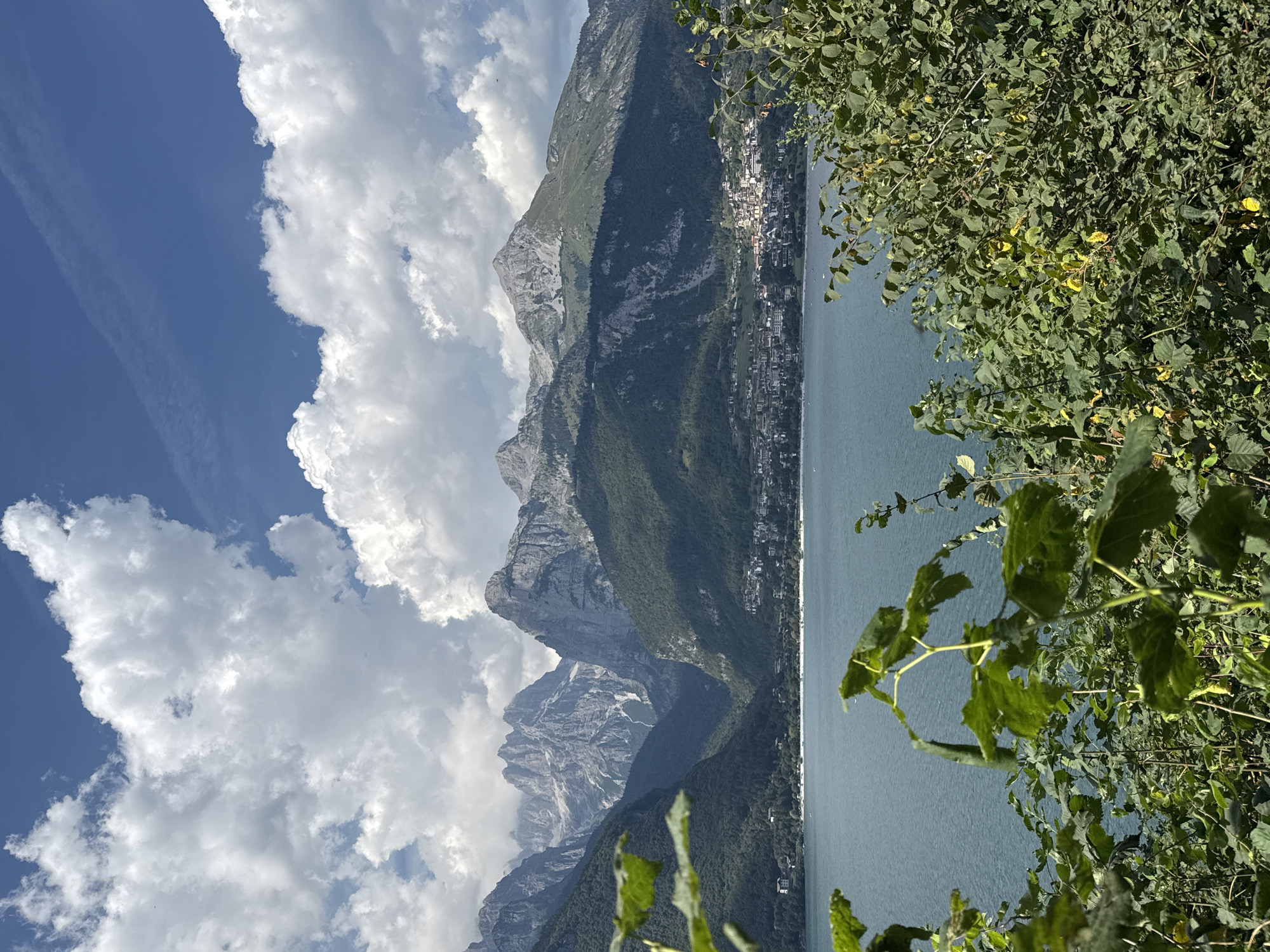 A high-angle shot captures a serene lake and a mountain village. In the foreground, lush green foliage partially obscures the view. Beyond the vegetation lies a calm, blue lake, and on its far shore, a town with white and tan buildings is nestled against a backdrop of verdant, tree-covered mountains. The imposing mountain peaks rise dramatically, their rugged, gray faces contrasting with the dark green slopes. The sky above is a vibrant blue, dotted with dramatic, fluffy white clouds. The overall impression is one of natural beauty and tranquility, with the village seamlessly integrated into the landscape.