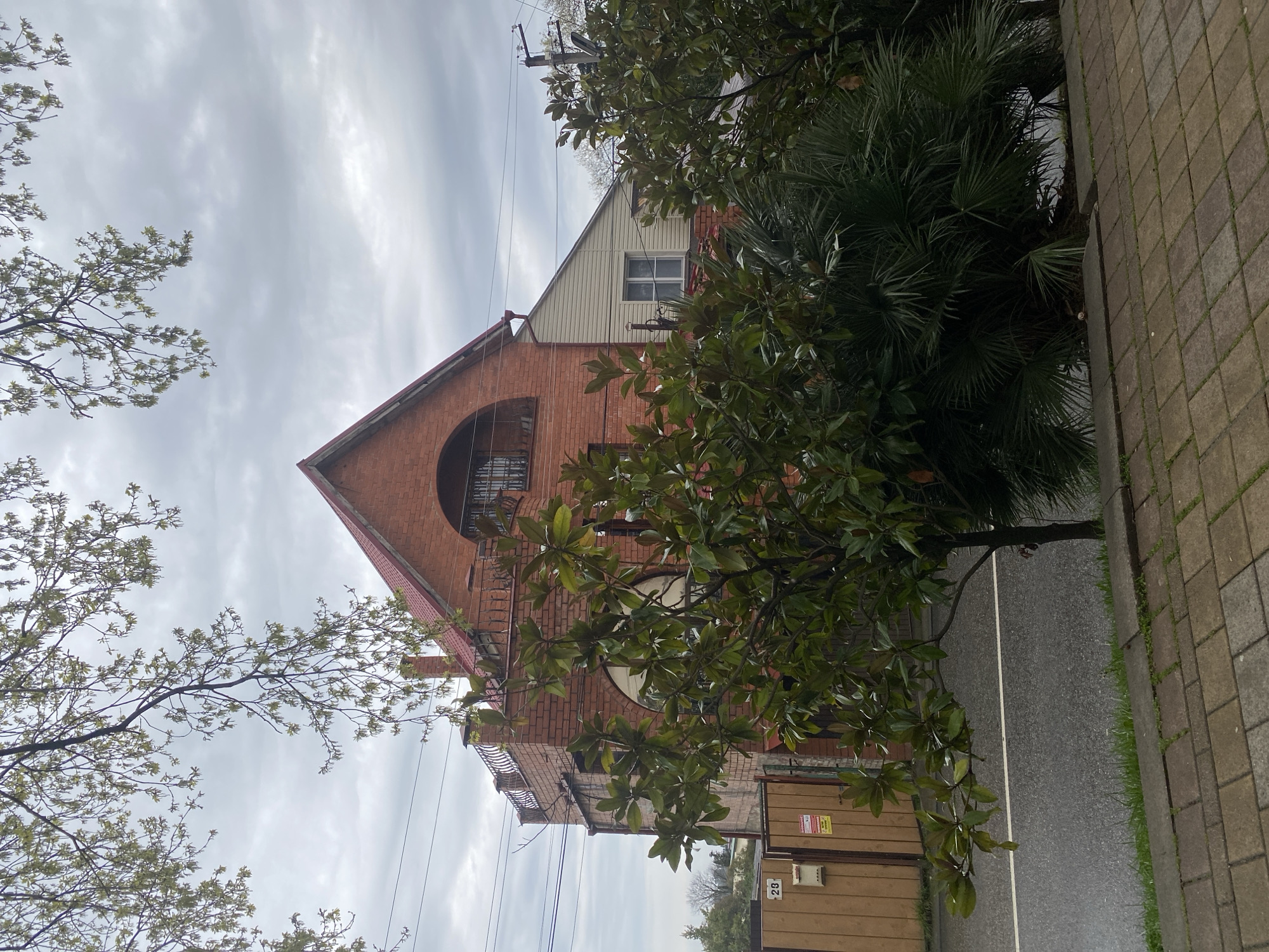 The image depicts a three-story brick building in Sochi, Russia. The building has a unique triangular gable with a large arched window on the top floor. The second floor features a balcony with wrought iron railings and a smaller arched window. The building's exterior is a combination of brick and beige siding.
A large tree with dense green foliage obscures a portion of the building. A palm tree can also be seen behind the first tree. A wooden fence with a street number is visible to the left of the building.
The environment includes a paved street, a brick sidewalk, and an overcast sky. Overhead power lines are visible.