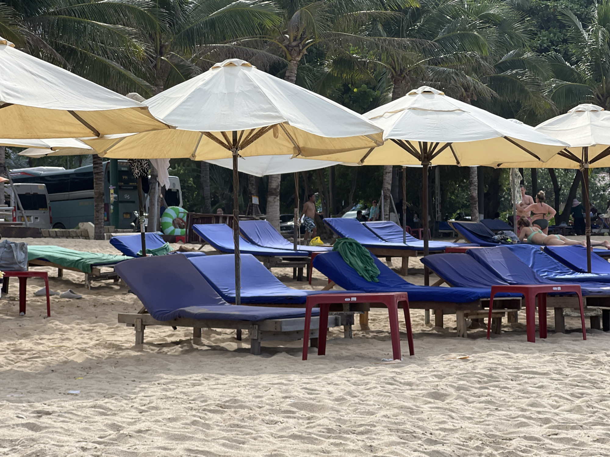 This image captures a beach scene in Nha Trang Ward, Vietnam, featuring multiple beach umbrellas, lounge chairs, and scattered individuals on a sandy beach. In the foreground and mid-ground, numerous blue fabric-covered wooden lounge chairs are arranged, some unoccupied, others with individuals. Red plastic square tables are placed beside several chairs. On the far left, a grey bag rests on one such table, and a pair of white slippers are visible on the sand.
Overhead, multiple large, two-tiered beach umbrellas with light cream or white canvas canopies and wooden support structures provide shade. Behind these umbrellas, a dense line of palm trees and green foliage forms the backdrop.
Several people are visible in the scene. Towards the right, a woman in a dark-colored bikini stands with her back partially to the viewer, while another individual lies face down on a blue lounge chair, clad in a light-colored bikini. Further left, a man in patterned swim shorts walks between two umbrellas. In the background, partially obscured by the umbrellas and foliage, a large blue bus-like vehicle and smaller white vans are parked or driving. A green and white striped inflatable ring is visible near one of the vehicles. Clothing, including a black and white patterned garment, hangs near a structure in the mid-background. The sandy beach shows ripples and depressions from footsteps. The overall lighting suggests bright daytime conditions.