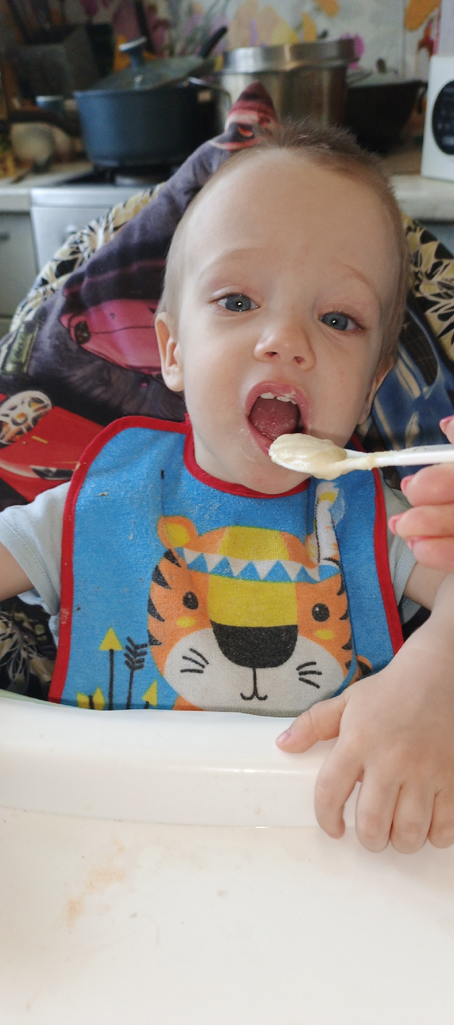 A young child with blue eyes and blond hair sits in a white high chair, wearing a blue bib with a cartoon tiger design. A hand holding a white spoon feeds the child a light-colored food. The background shows a kitchen with pots and pans on the stove and patterned curtains. The location is Chaikovsky, Russia.
