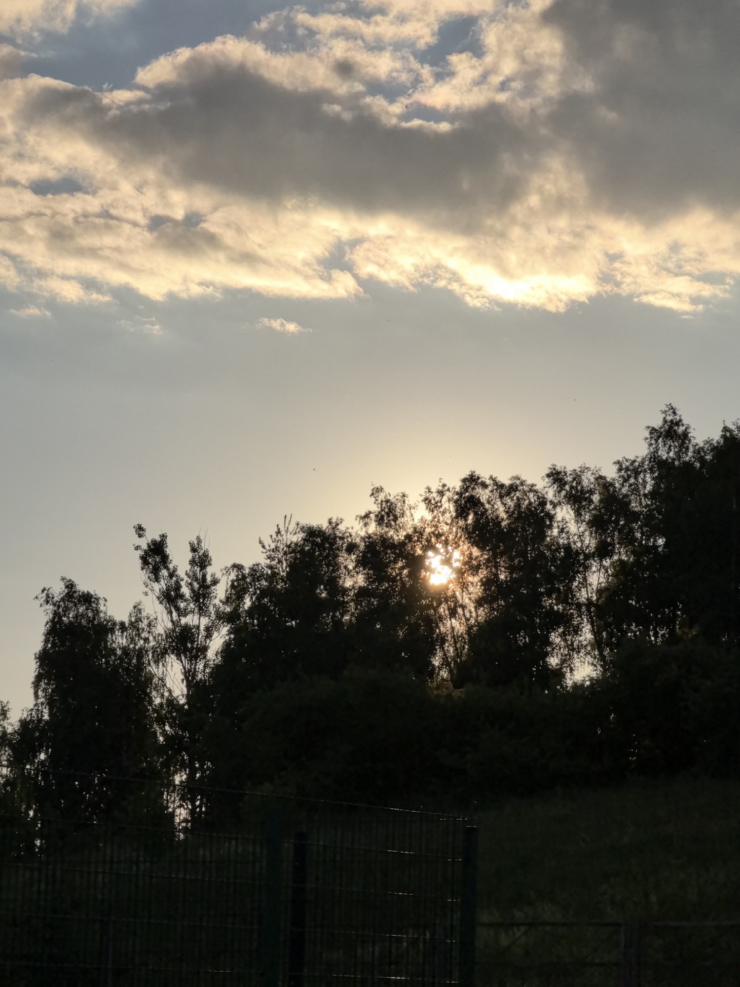 The image depicts a natural outdoor scene at dusk, with the sun partially obscured by the silhouette of trees. The sky above is filled with a mix of dark, heavy clouds and lighter, sunlit clouds, suggesting an atmospheric and potentially changing weather condition. A dark silhouette of dense foliage and tree branches forms the horizon line in the middle ground, with the sun's rays peeking through the gaps, creating a diffused, warm glow. In the foreground, a dark, wire-mesh fence runs horizontally across the bottom of the frame, with a sloped, grassy area visible behind it, also in shadow. The overall lighting is dim, with the sun being the primary light source. There are no people or animals visible in the scene. The location is described as Unknown, Unknown.