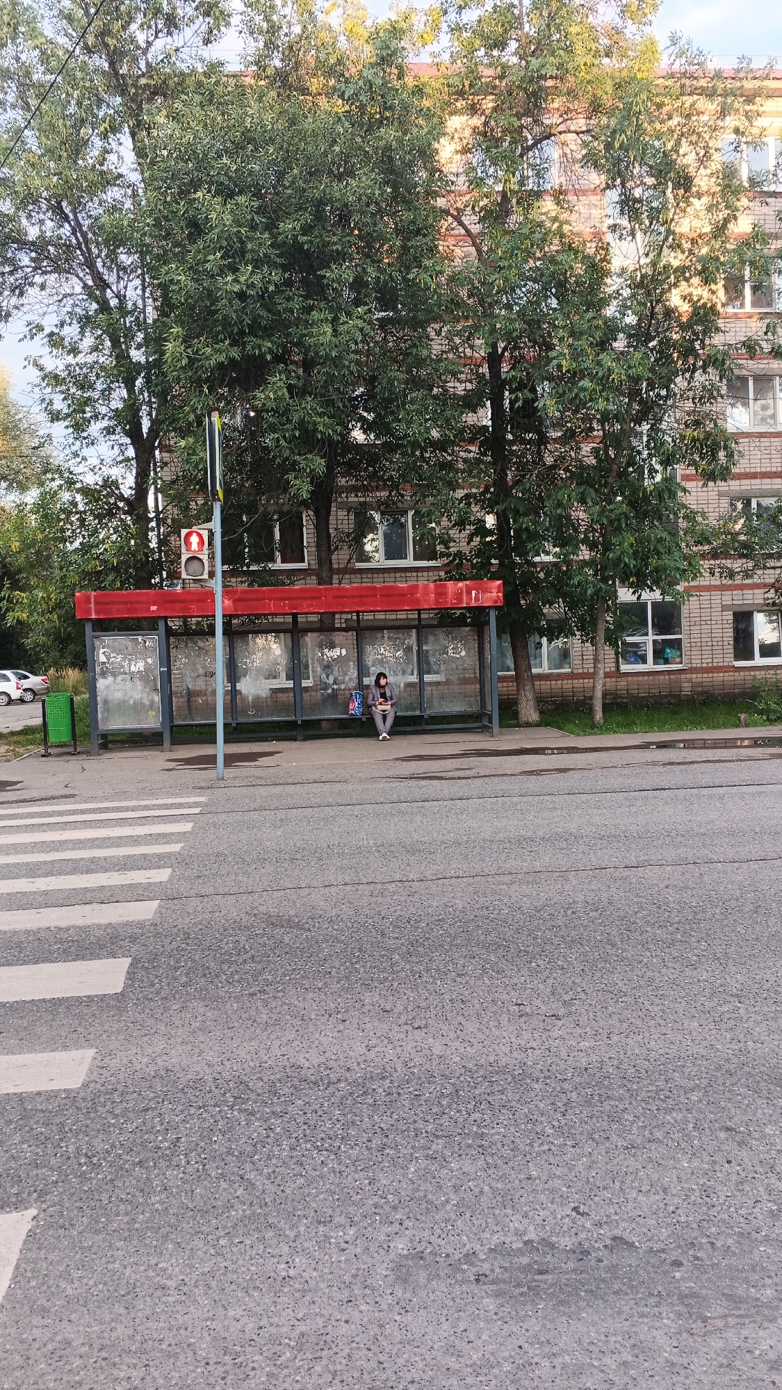 The image depicts a bus stop in Izhevsk, Russia. A woman is seated on the bench of the bus stop, holding a phone. She is wearing a dark-colored outfit and her hair is pulled back. A patterned bag is beside her. The bus stop has a red roof and clear glass panels. A traffic light with red lights illuminated is visible above and to the left of the bus stop. A green trash bin is positioned to the left of the bus stop. A pedestrian crossing with white stripes is in the foreground. In the background, a multi-story brick building with windows is visible, with trees in front of it. The street appears to be paved, and there are some puddles on the sidewalk. The sky is overcast.