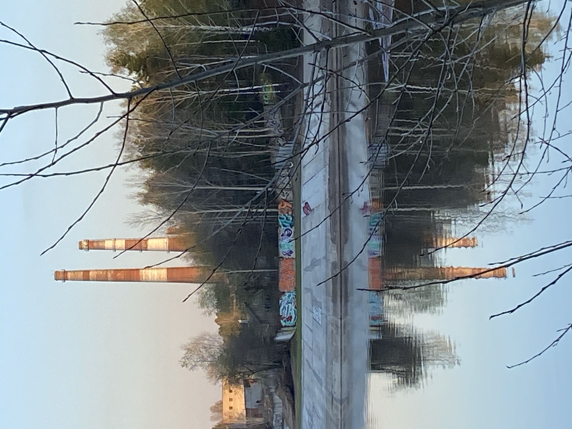 The image shows a view of Chaikovsky, Russia, reflected in water. Visible are two tall industrial smokestacks with alternating red and white bands, a brick wall with graffiti, a concrete path, trees, and a small building. Bare tree branches are in the foreground. The reflection of the objects appears in the water.