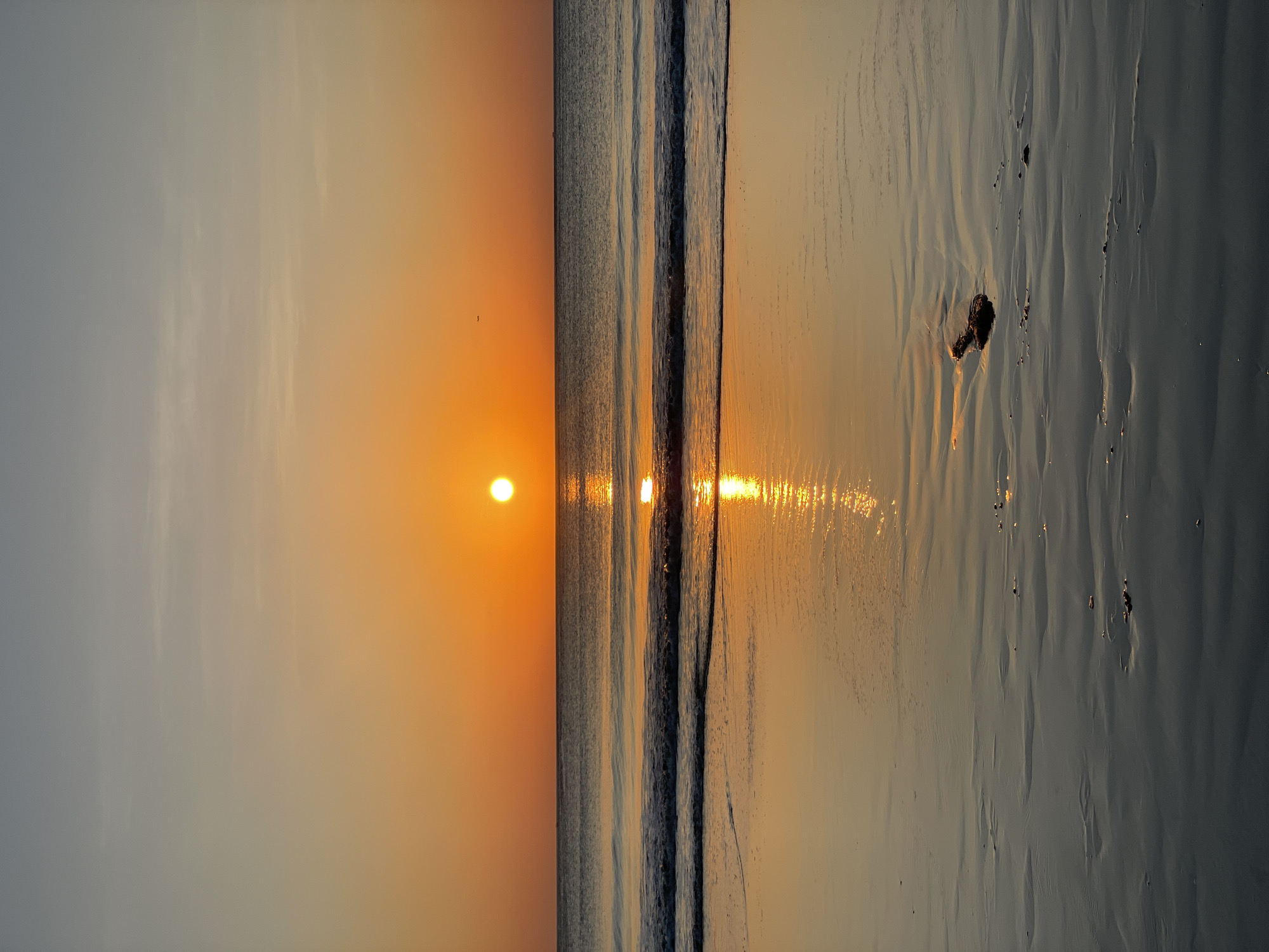 A vertical, full-shot image depicts a serene beach scene at sunset. The sun, a bright orange orb, is positioned slightly left of the center on the horizon, casting a warm, golden glow across the sky and water. The sky transitions from a pale blue at the top to a vibrant orange as it nears the horizon. Gentle waves roll onto a wet sand beach, reflecting the sunset's colors. A small piece of driftwood rests on the sand in the foreground. The overall mood is tranquil and peaceful. The location is unknown.