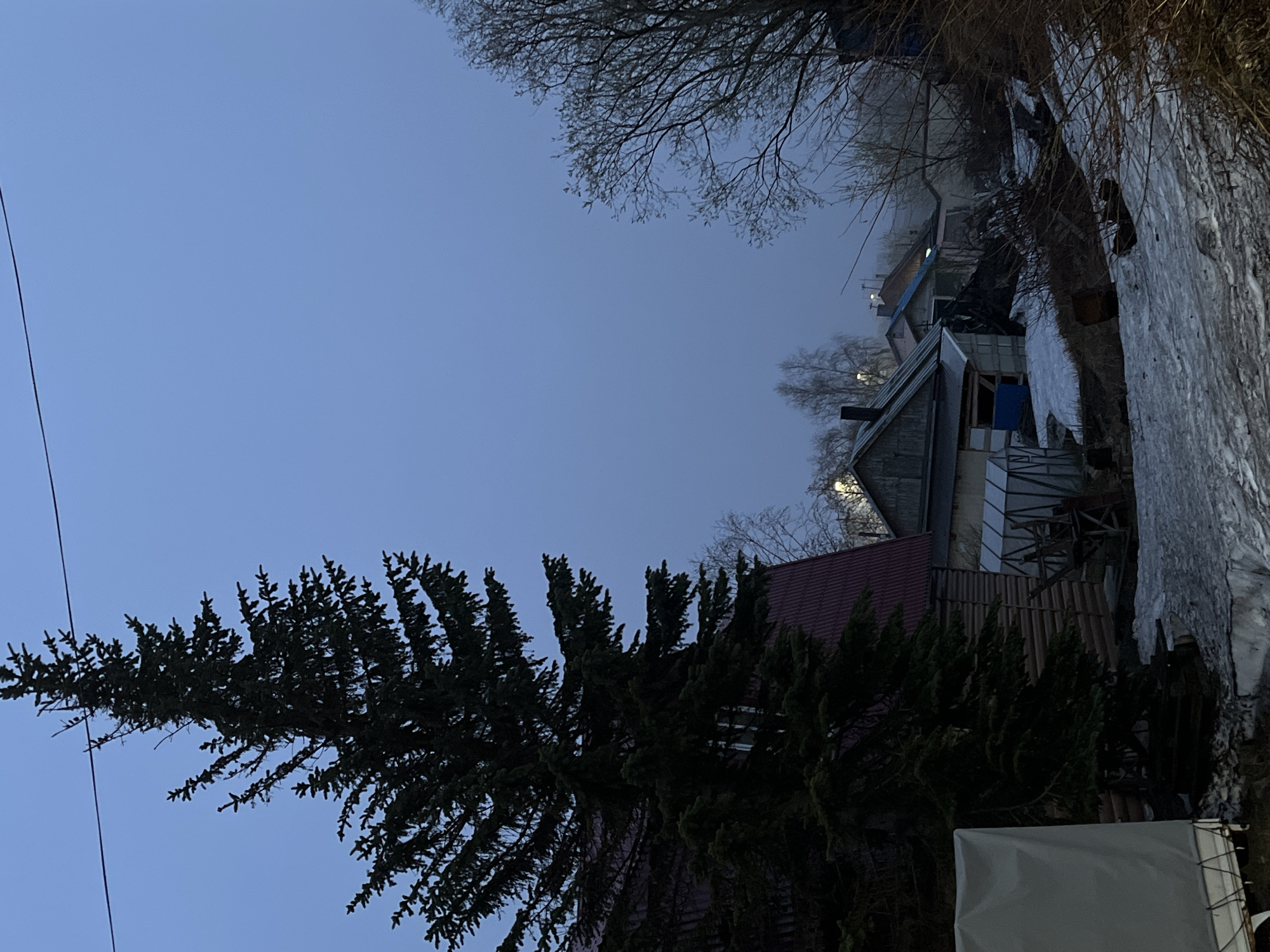 A landscape photograph features a tall evergreen tree on the left and buildings extending towards the right side. The sky is an even blue-gray, suggesting either early morning or late evening. The branches of a bare tree are visible above the buildings, and the structures themselves appear to be residential homes. A patch of white, likely snow or ice, is on the right side. There is an object that looks like a white sheet in the bottom-center of the image. The location is Petropavlovsk-Kamchatsky, Russia.