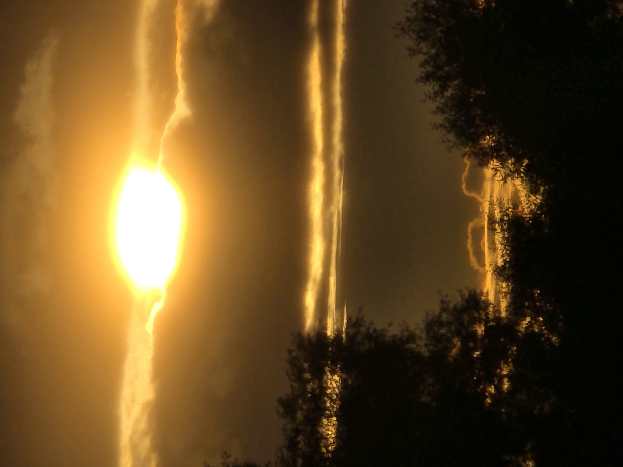 The image depicts a dramatic sunset over a natural landscape, possibly on the outskirts of Речицы, Russia. A brilliant, luminous sun is partially obscured by dark, heavy clouds, casting a warm, golden glow across the sky. The sun appears as a bright orb, with its light diffusing through the atmospheric haze. Below the sun, a band of clouds is brightly illuminated from behind, creating a striking contrast between light and shadow. The foreground is dominated by the dark silhouettes of trees, their branches reaching upwards towards the sky. The foliage of these trees is detailed but rendered in shadow, with some hints of light catching the edges of leaves. The overall impression is one of a powerful and awe-inspiring natural phenomenon, with the natural elements of sky and earth interacting dramatically. The scene evokes a sense of tranquility and the grandeur of nature. There are no people or man-made structures clearly visible in the image, suggesting a rural or natural setting.