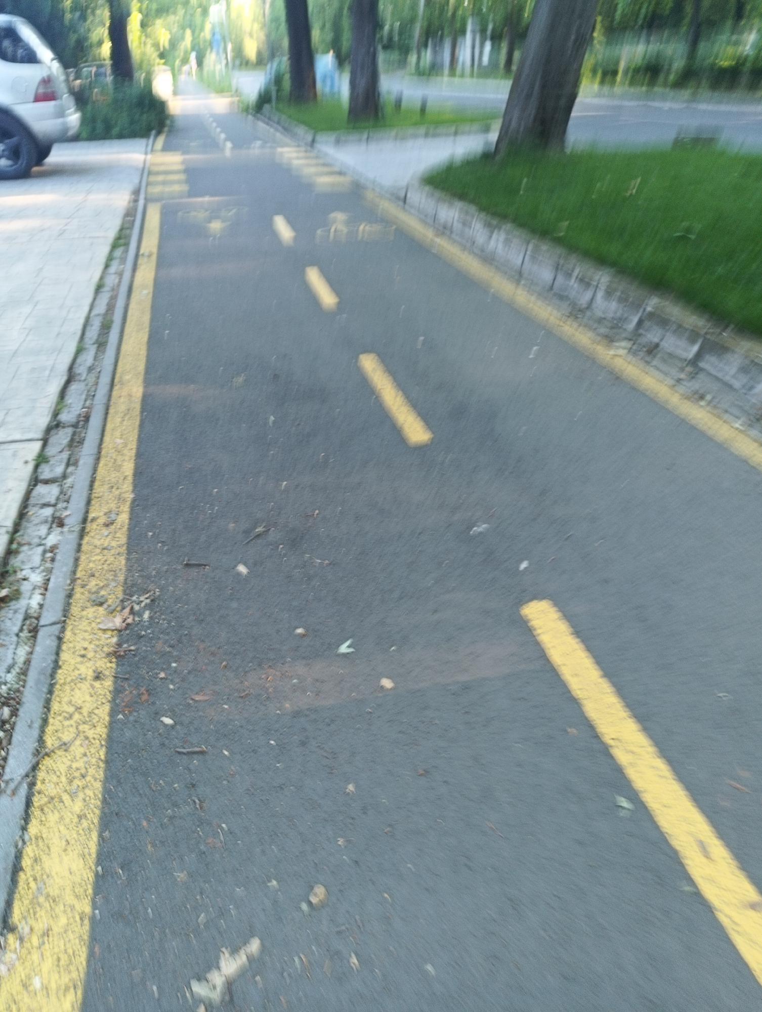 The image depicts a paved pathway with yellow lane markings, likely a bicycle lane or pedestrian walkway, bordered by a sidewalk with paving stones on the left and a grassy area with trees on the right. A portion of a white car is visible on the far left. The pathway is empty of people. The environment suggests an outdoor urban or park setting.