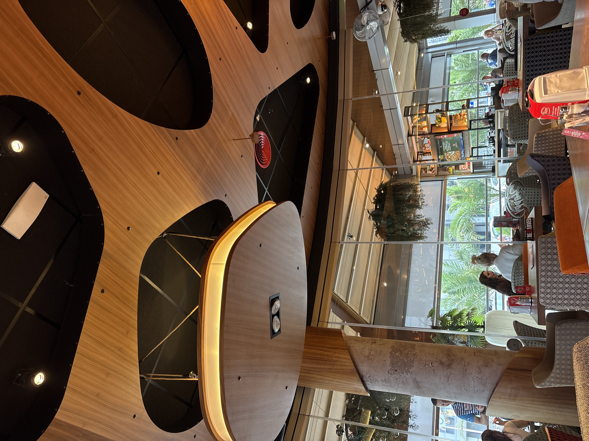 The image depicts the interior of a modern restaurant or cafe with a distinctive ceiling design featuring curved wooden panels and black accents. There are multiple light fixtures, including spotlights and a large suspended pendant light with integrated illumination. Tropical plants and greenery are visible hanging from the ceiling and placed in pots, suggesting an indoor garden or conservatory atmosphere. Large windows offer a view of palm trees and urban buildings, indicating an outdoor setting visible from inside.
Several patrons are seated at tables, engaged in conversation or dining. The furniture includes upholstered chairs and tables, with some tables displaying items like menus and condiment holders. The overall ambiance appears relaxed and contemporary. The scene is located in the city of Plovdiv, Bulgaria.