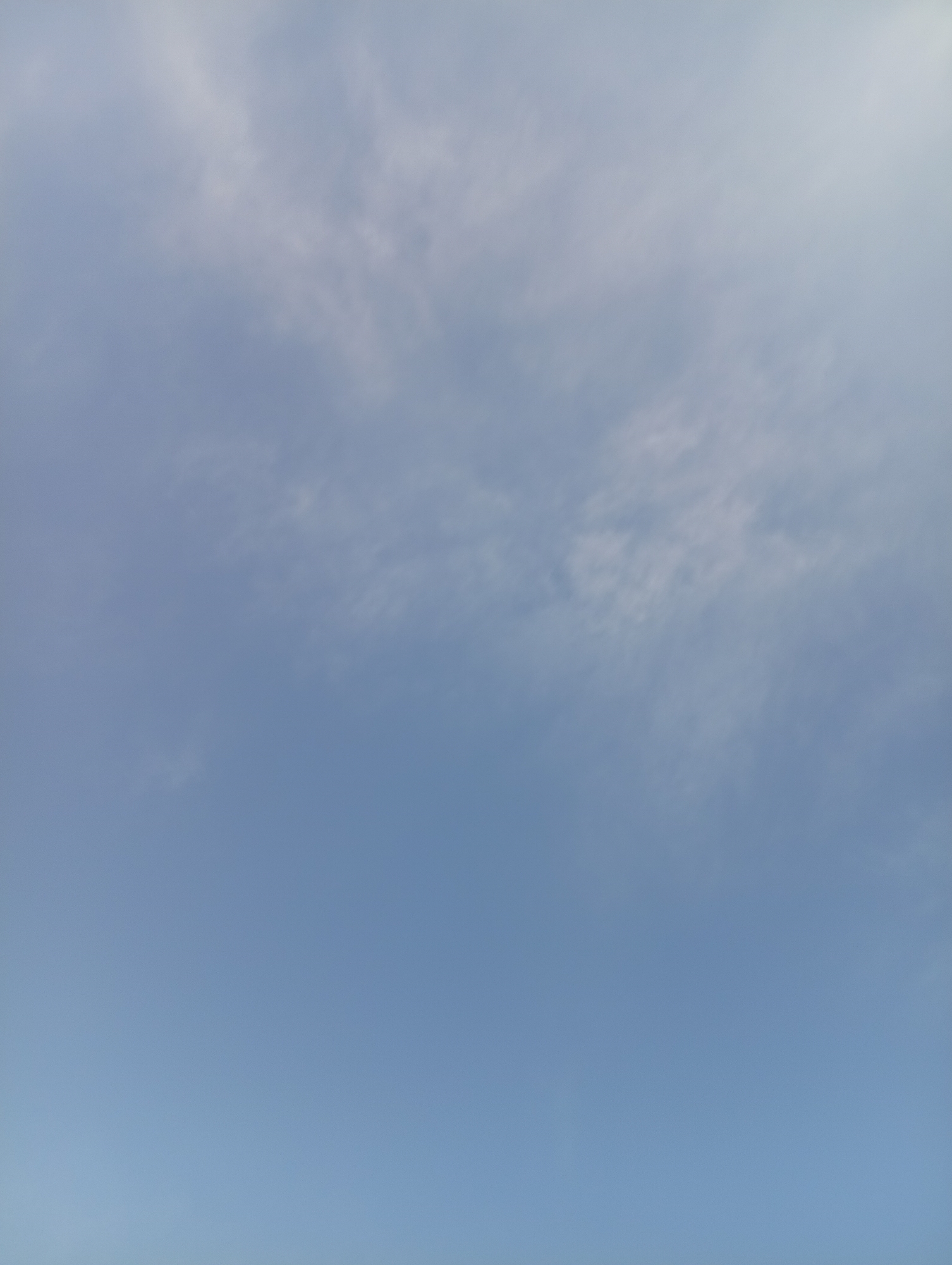 The image is a photograph of a clear blue sky with scattered wispy clouds. The clouds are predominantly white and light gray, and they are distributed unevenly across the upper portion of the frame. The lower half of the image is a solid expanse of bright blue sky. There are no discernible landmarks, buildings, or any other elements that would suggest a specific location within the city of Durumi, Nigeria, or any other urban environment. The image is a simple sky view.