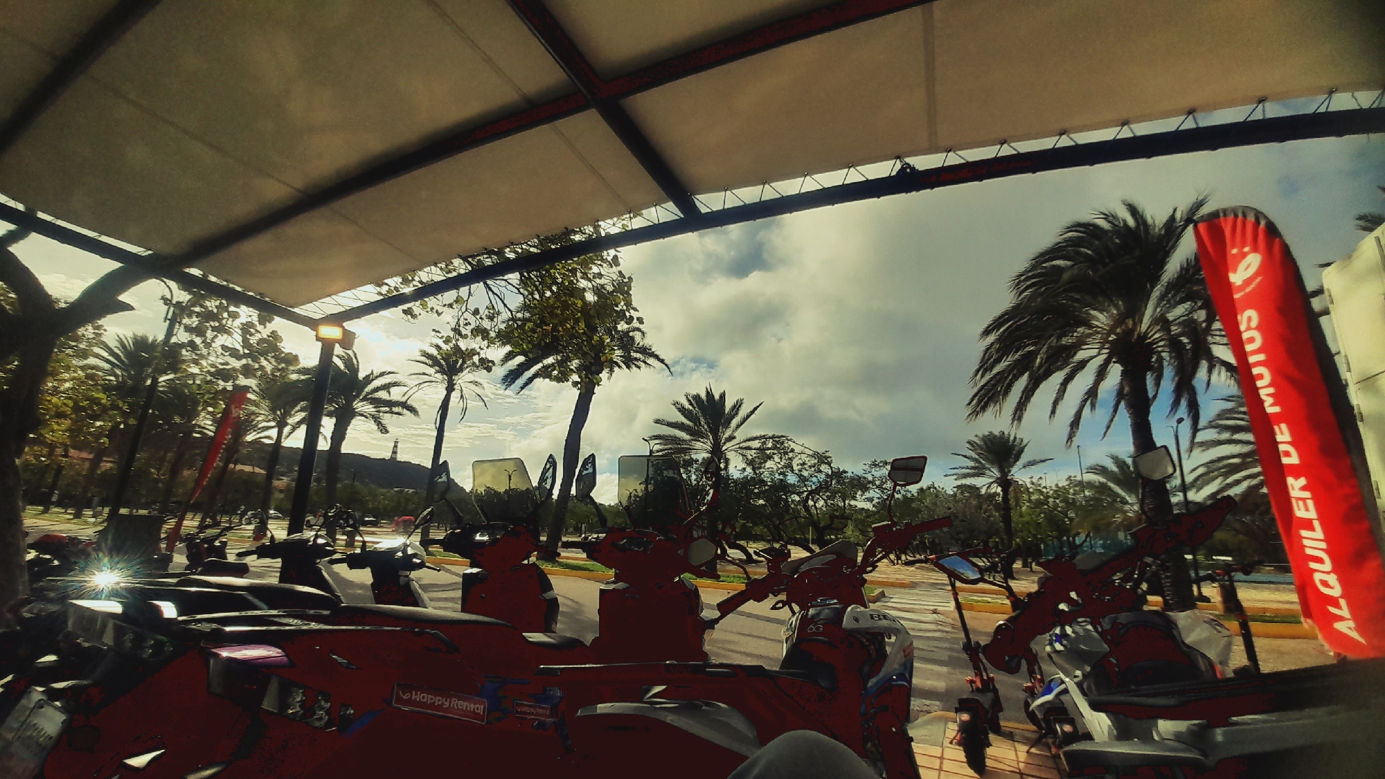 The image depicts a scene in Pedro González, Venezuela, under a shaded structure likely providing cover for parked vehicles. In the foreground, several red scooters and motorcycles are visible, suggesting a rental service or a fleet for transport. One scooter has "Happy Rental" written on its side. The vehicles are arranged in rows, facing towards the right of the frame.
Behind the vehicles, a street is visible with more parked scooters and a few palm trees lining the side. Further in the background, a larger palm tree stands tall, and on a hill in the distance, a lighthouse or tower-like structure is discernible. The sky is partly cloudy, with a bright sun casting a lens flare towards the left side of the image. A tall, red flag with white lettering that reads "ALQUILER DE MOTOS" (Motorcycle Rental) is prominently displayed on the right, indicating the nature of the business. The overall atmosphere suggests a warm, possibly tropical environment, typical of coastal Venezuela.
