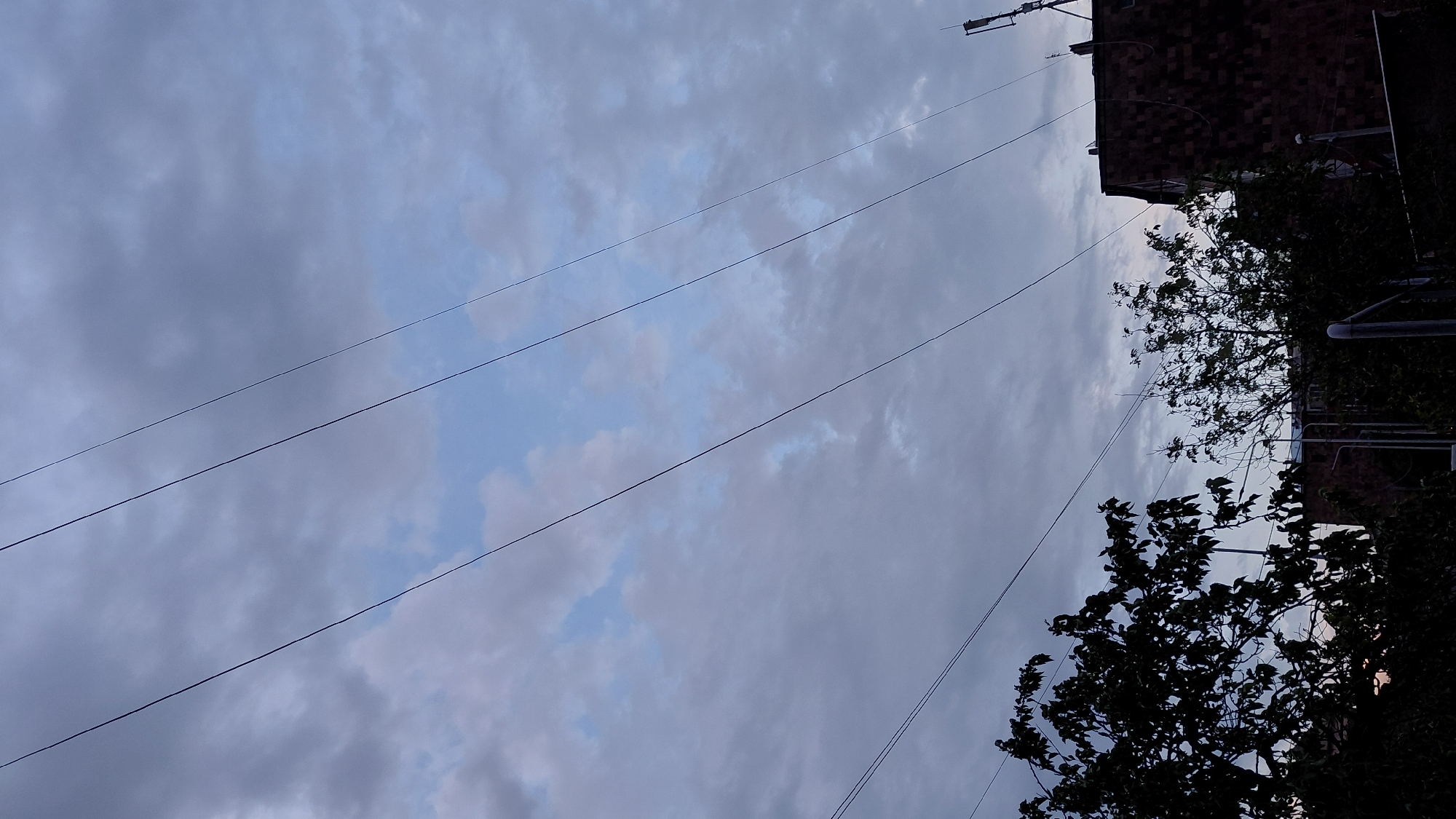 The image, captured on a cloudy day in Abovyan, Armenia, shows an outdoor scene with a view of the sky, trees, and buildings. In the foreground, the dark silhouettes of trees with dense foliage are visible on the left and center-right of the frame. Behind the trees, a building with a dark, patterned roof is partially obscured. The sky is overcast with a mix of gray and white clouds, with patches of lighter blue sky peeking through. Several parallel utility lines traverse the sky diagonally from the upper left to the lower right. A tall antenna or mast is visible on the roof of the building on the right. The overall impression is a somewhat moody, overcast sky over a residential or mixed-use area.