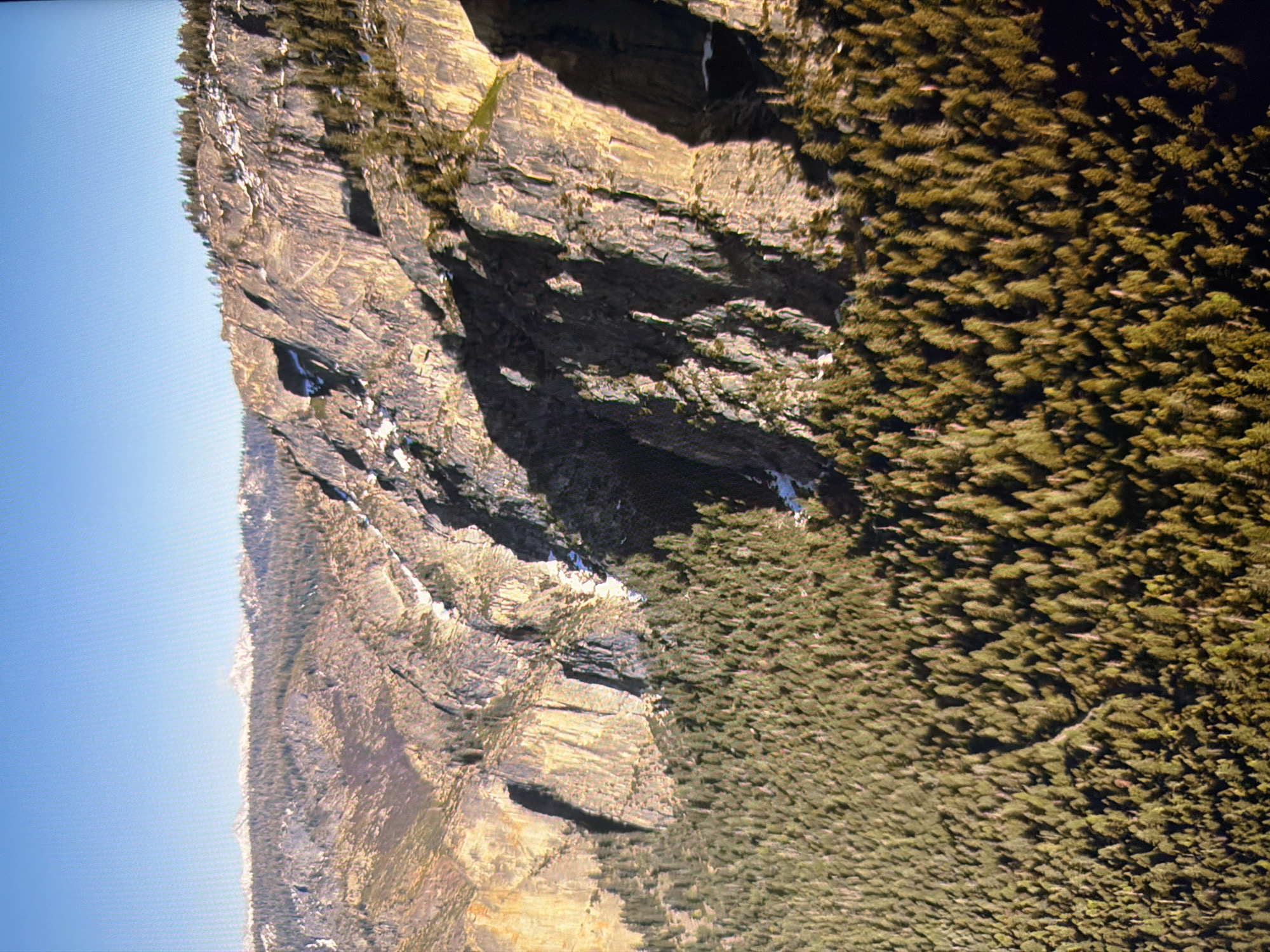 This is an aerial, high-angle shot of a mountainous, forested landscape under a clear blue sky. The image depicts rugged, rocky cliffs with patches of snow and sparse trees growing on them. Below the cliffs, a dense forest of evergreen trees covers the slopes. In the distance, more mountains are visible, appearing hazy and snow-capped. The sun is casting long shadows, indicating either early morning or late afternoon. There are no visible people, structures, or urban elements in the image. The scene appears to be a natural, remote wilderness area.