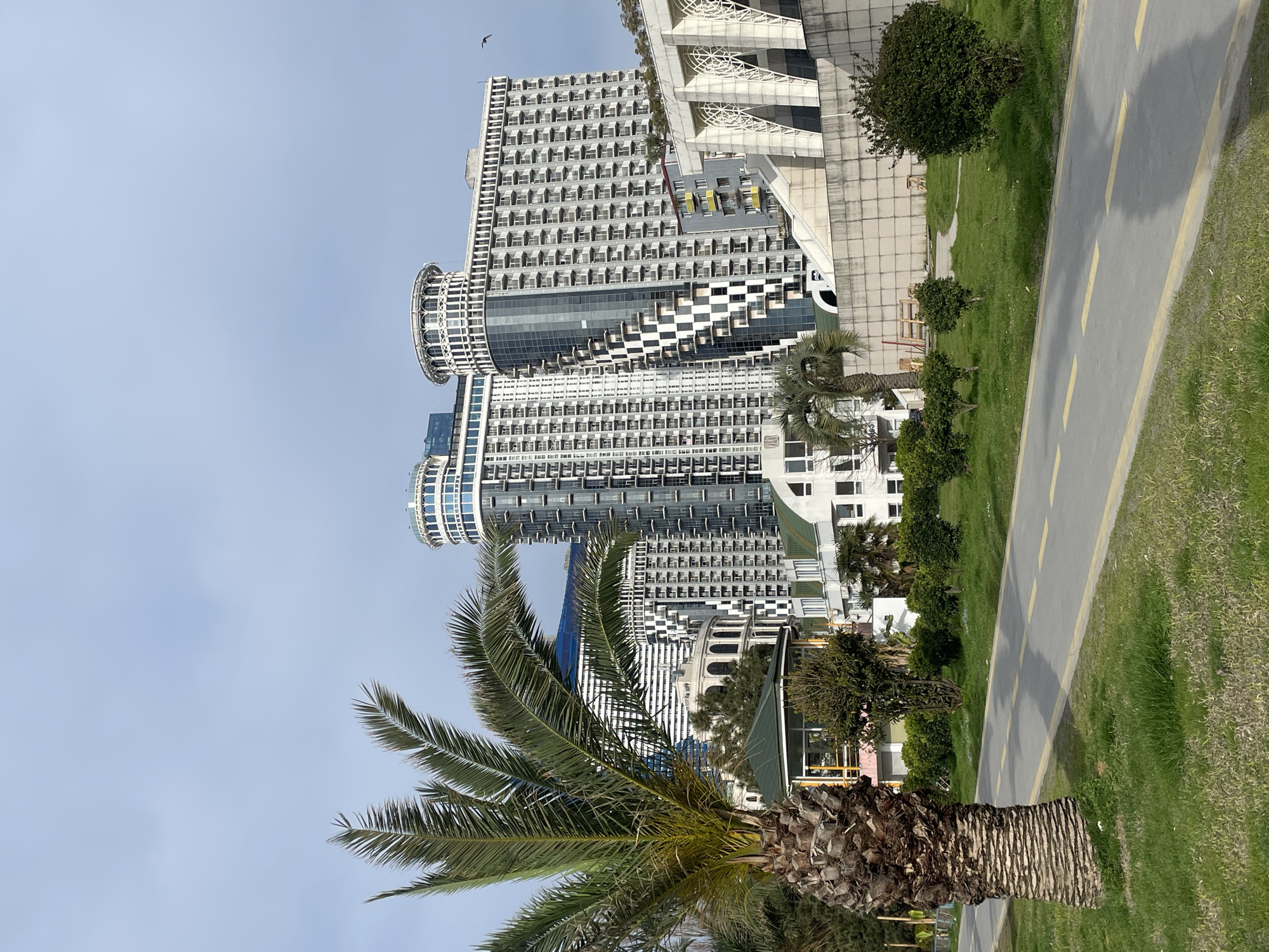 The image shows a view of Batumi, Georgia. Dominating the frame is a high-rise building with multiple balconies, visible through the foliage of a palm tree. Adjacent to the high-rise is a park area with green grass and a paved walkway with yellow lane markers. The sky is a pale blue. There are no people visible in the image.
