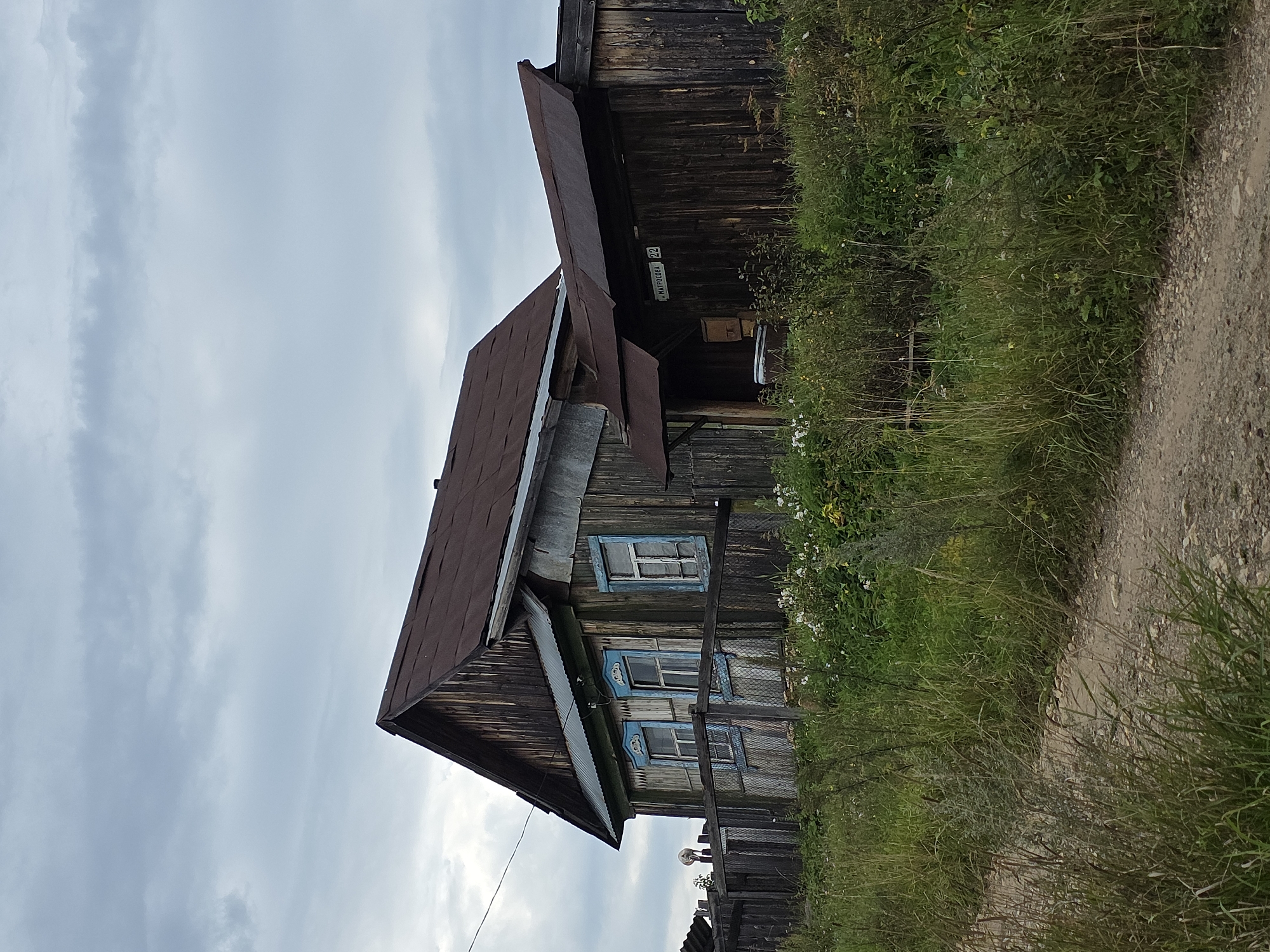 The image depicts a weathered wooden house with a dark, rusting metal roof, situated in a rural setting. The house appears old, with visible wear and tear on the wooden siding and window frames. Blue trim accents the windows, which have visible panes. A smaller, attached structure, also with a rusting metal roof, extends from the main house. A sign on this structure reads "МАТРОСОВА 22". The house is surrounded by overgrown grass and foliage, with a dirt path leading away from the viewer in the foreground. The sky is overcast with grey clouds. The scene appears to be a residential property in a village or small town, possibly in a region with a rustic aesthetic.