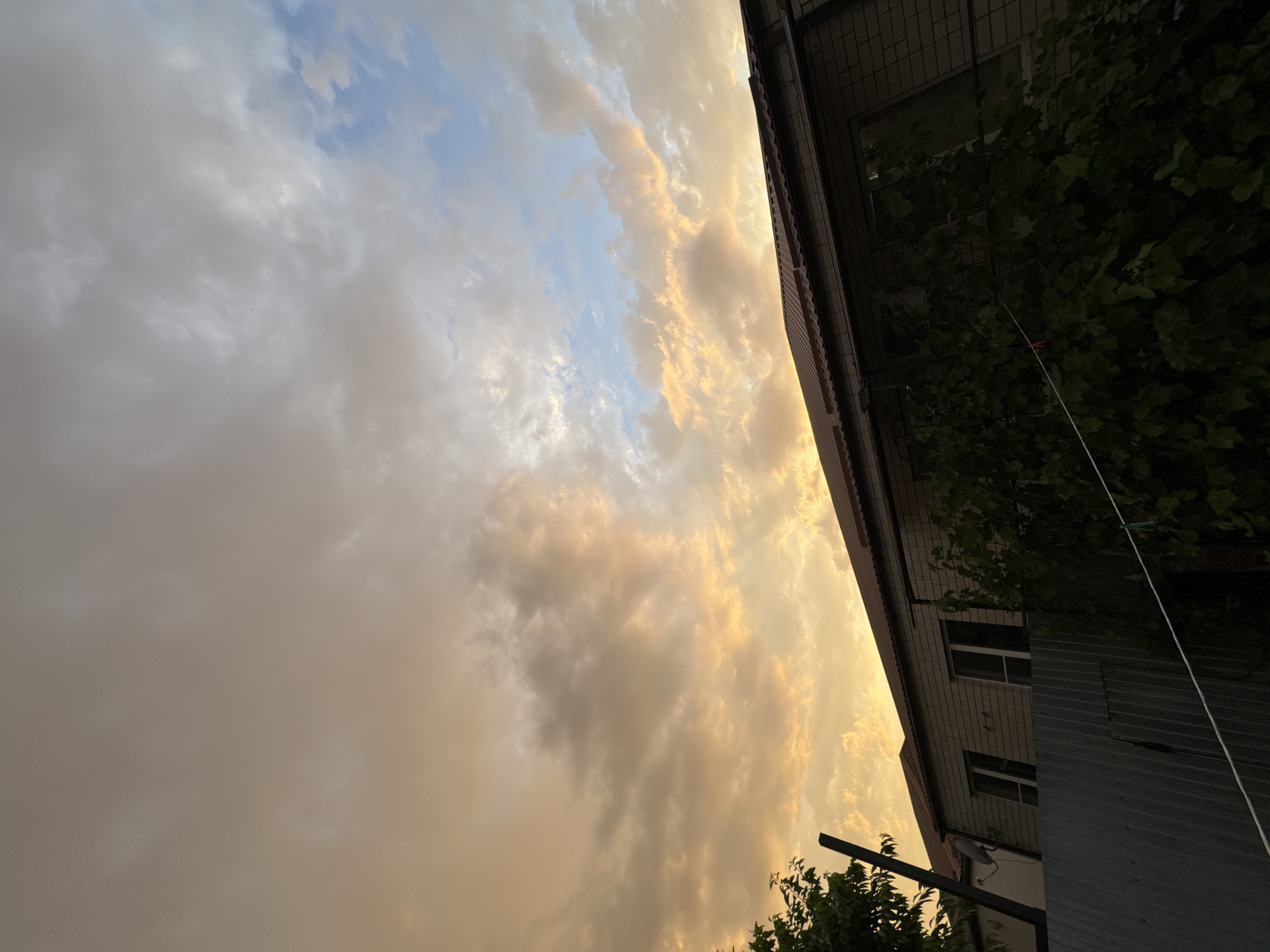 The image depicts a view of a residential building with a reddish-brown tiled roof, illuminated by the warm, golden hues of a sunset. The sky is filled with a mix of scattered clouds, ranging from a soft orange and yellow to patches of pale blue and gray. A metal fence runs across the bottom of the frame, separating the foreground from the property. Dark green foliage, likely from a tree or vines, is visible in the foreground and partially obscures the lower part of the building. The building itself appears to be constructed from light-colored brick and features several windows. A satellite dish is mounted on the exterior wall. The scene is set in Mikhaylovsk, Russia.