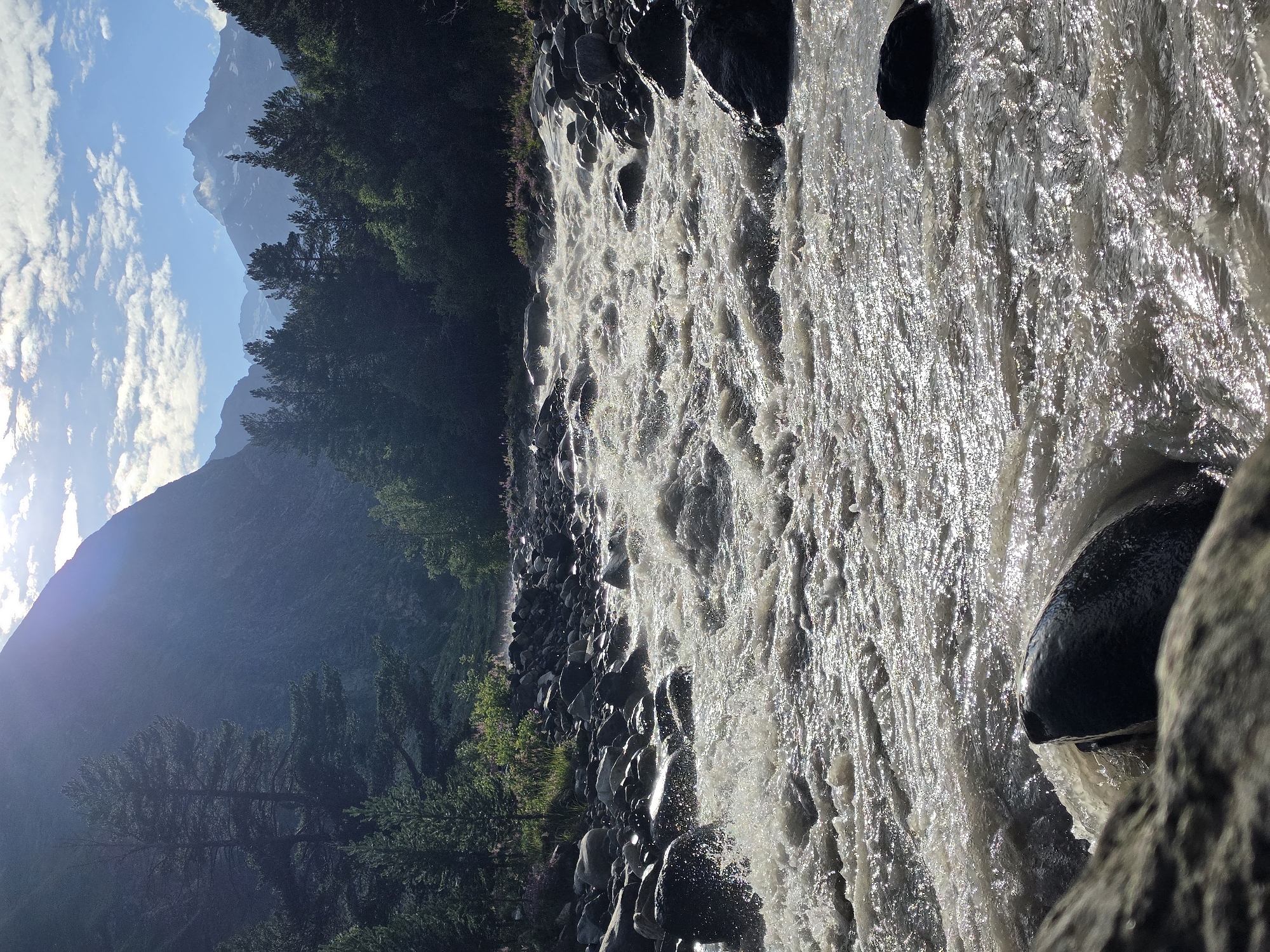 A wide, fast-flowing river dominates the foreground of the image, its murky water churning and white-capped as it rushes over rocks. The riverbanks are lined with dark, smooth stones of various sizes. Beyond the river, dense evergreen trees cover the lower slopes of a steep, imposing mountain. The sun shines brightly through scattered clouds, casting a bright glare on the water and illuminating the upper reaches of the mountain peaks in the distance. The overall scene depicts a wild, natural landscape, likely in the mountainous region of Terskol, Russia, known for its natural beauty and outdoor activities. There are no people or animals visible in the image.