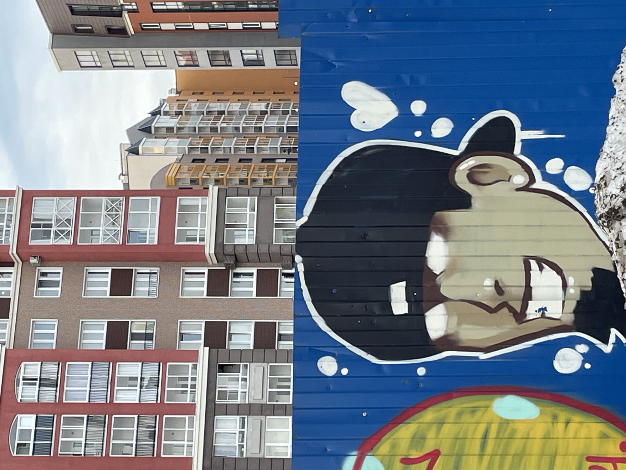 The image depicts a juxtaposition of urban architecture and street art. On the left, the facade of a modern building in Pervomaysky, Russia, is visible, featuring multiple stories with numerous windows. The building's exterior is a mix of red and gray brick. To the right, a blue corrugated metal surface is covered in graffiti, including a stylized face and abstract designs in white, black, and yellow. The image is split vertically between the building and the graffiti wall, creating a sharp contrast between structured architecture and artistic expression.