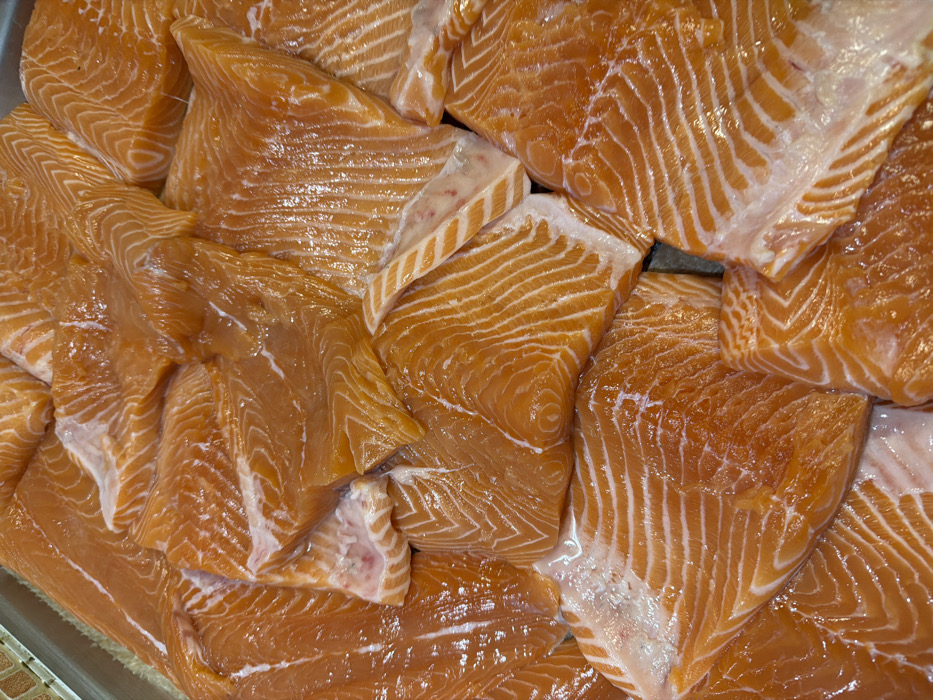 The image presents a close-up, overhead view of a large quantity of fresh, raw salmon fillets, likely displayed at a market or fish counter in Budva, Montenegro. Numerous pieces of salmon, varying in size and cut, are piled and overlapping, creating a dense and textured surface across the entire frame.
The dominant color of the salmon is a vibrant orange-pink, interspersed with clear, white marbling and lines, indicating the natural fat content and muscle structure of the fish. The fillets appear moist and glossy, reflecting light slightly, which enhances their fresh appearance. Some pieces show lighter-colored edges where skin might have been present or removed.
There is no discernible activity taking place, but the arrangement suggests the fish is prepared for sale or consumption. The lighting is bright and even, highlighting the natural colors and intricate details of the salmon flesh. No people, specific time of day, weather conditions, or visible text are present in the image. The scene conveys a sense of abundance and freshness, typical of a seafood display.