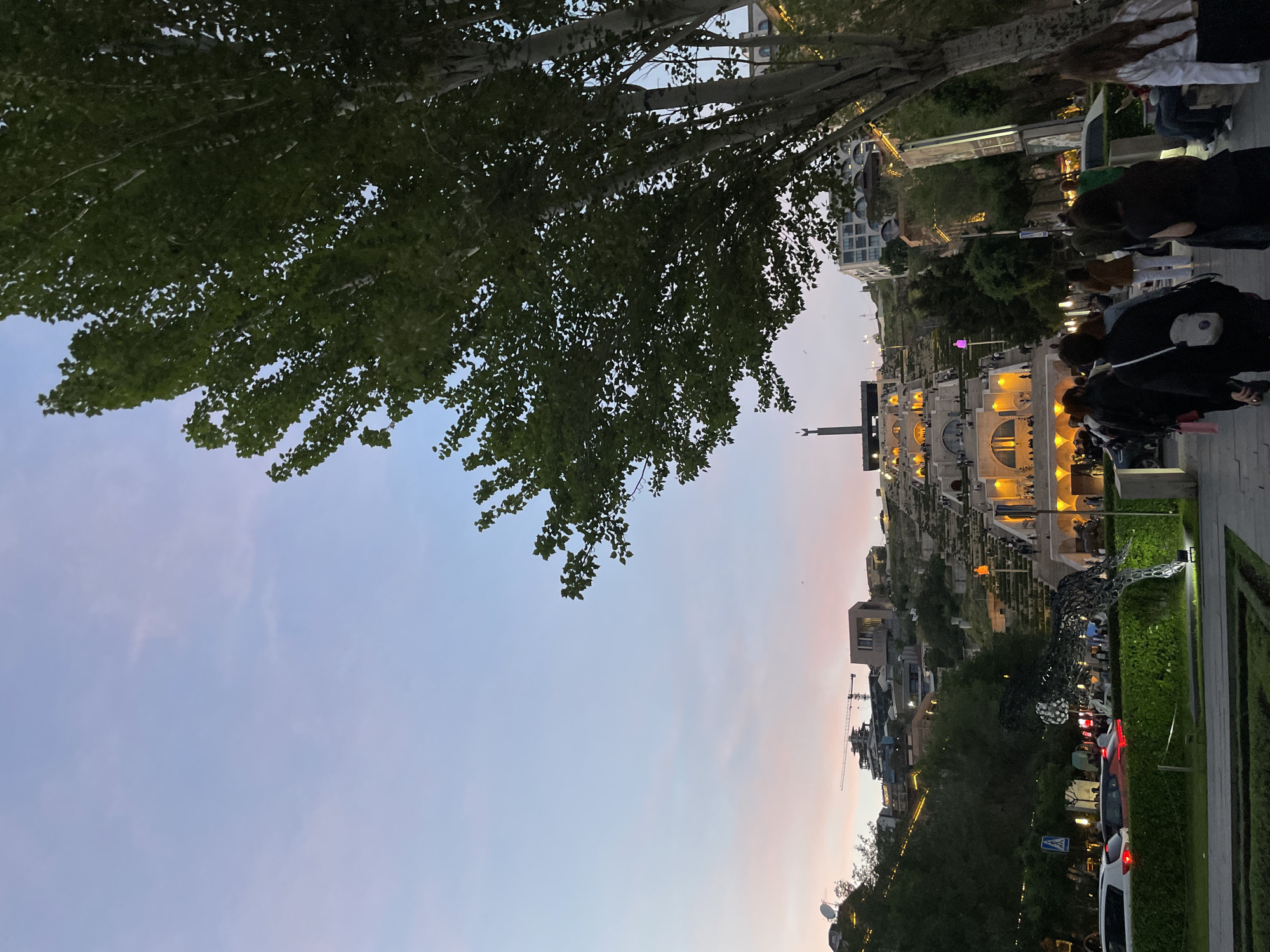The image shows a view of the Cascade complex in Yerevan, Armenia, at dusk. A tree with green leaves occupies the upper-left portion of the frame, partially obscuring the sky, which transitions from blue to a soft pink. The Cascade, a monumental stairway linking different districts of Yerevan, is visible in the middle-right. The stairs are lit, and people are walking on the pathway. A sculpture of a large animal is on the right side of the image. Cars are parked along the street, indicating a residential area. The overall scene suggests a public space during the evening.