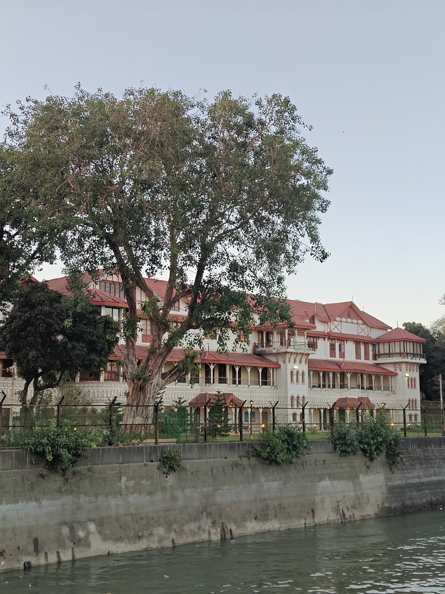 The image shows a large, multi-story white building with a red roof and red trim, viewed across a waterway in Unknown. A large tree with dense foliage partially obscures the facade of the building. A low, gray concrete wall runs along the bank of the waterway, with a metal fence atop the wall separating the water from the building's grounds. Green shrubbery grows along the base of the fence. The water is murky, and the sky is a pale blue-gray. There are no people visible in the frame.