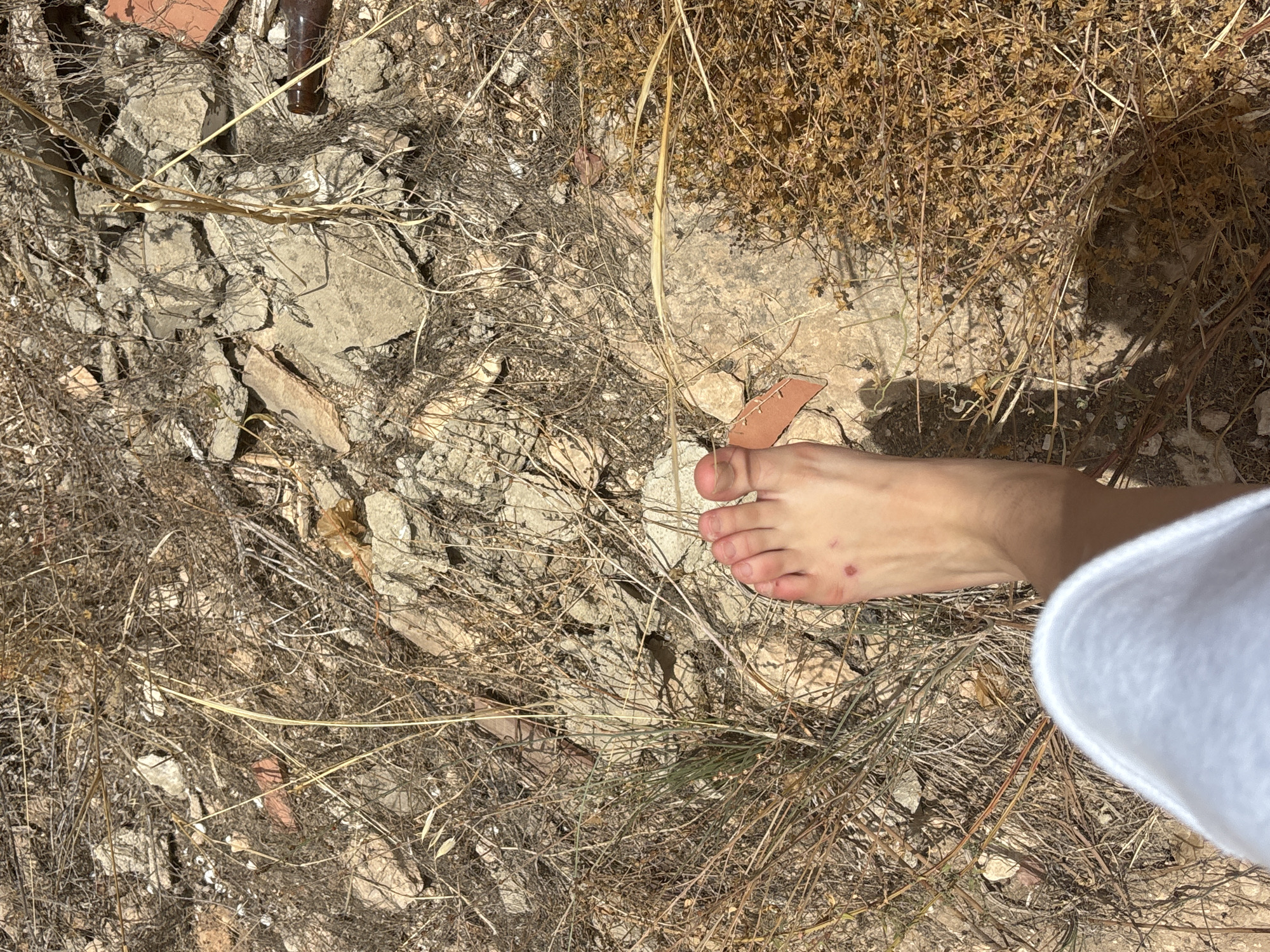 This media file is a close-up, overhead shot of a person's bare foot in a dry, outdoor environment. The foot, which appears to be a left foot, has a few small reddish marks on the top. The sole of the foot is facing upwards, and the toes are visible. A white garment, possibly clothing, is partially visible on the right side of the frame, obscuring a portion of the foot and the ground.
The ground is covered in debris, including broken pieces of what appear to be concrete or rock, dried grass, and twigs. There are also some fragments of reddish-brown material, possibly broken pottery or brick. A small, brown glass bottle is visible in the upper left corner of the image. The overall impression of the scene is one of disarray and arid conditions.
The lighting suggests it is daytime, with strong sunlight casting shadows on the ground. The environment appears to be somewhat neglected or disturbed, possibly a construction site or a natural area with a lot of dry vegetation. No specific emotions are conveyed by the image, as it focuses on the foot and the ground. There is no visible text in the image.
