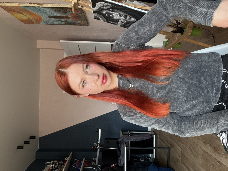 A well-lit indoor photograph captures an adult female subject positioned centrally in a room located in Rostov-on-Don, Russia. The subject possesses long, vibrant orange-red hair, fair skin with visible freckles, and light-colored eyes. She wears red lipstick, a small stud in her left nostril, and a small hoop earring in her left ear. Her attire consists of a grey, long-sleeved, ribbed top and a necklace featuring a small, three-stone pendant. Her gaze is directed straight at the camera.
The room features a wooden floor. The wall behind the subject is painted with two distinct sections: an upper light pink/beige and a lower dark blue/teal, separated by a diagonal line. Four black cylindrical track lights are affixed to the ceiling. To the subject's left, a white shelving unit holds several items, including multiple scale models. A black desk is visible with a computer monitor, keyboard, and other electronic devices. A metal stand with two horizontal bars is also present, and a dark grey cloth is draped over an object near the desk. A blue basket is partially visible on the floor. To the subject's right, a white door stands slightly ajar. A wooden artist's easel displays a large, monochromatic artwork depicting a woman's face with snakes, executed in black, white, and grey tones. Above the easel, a vibrant, colorful painting portrays a large yellow-orange sun or celestial body over a landscape. Art supplies, including brushes, are located on an attached shelf of the easel.