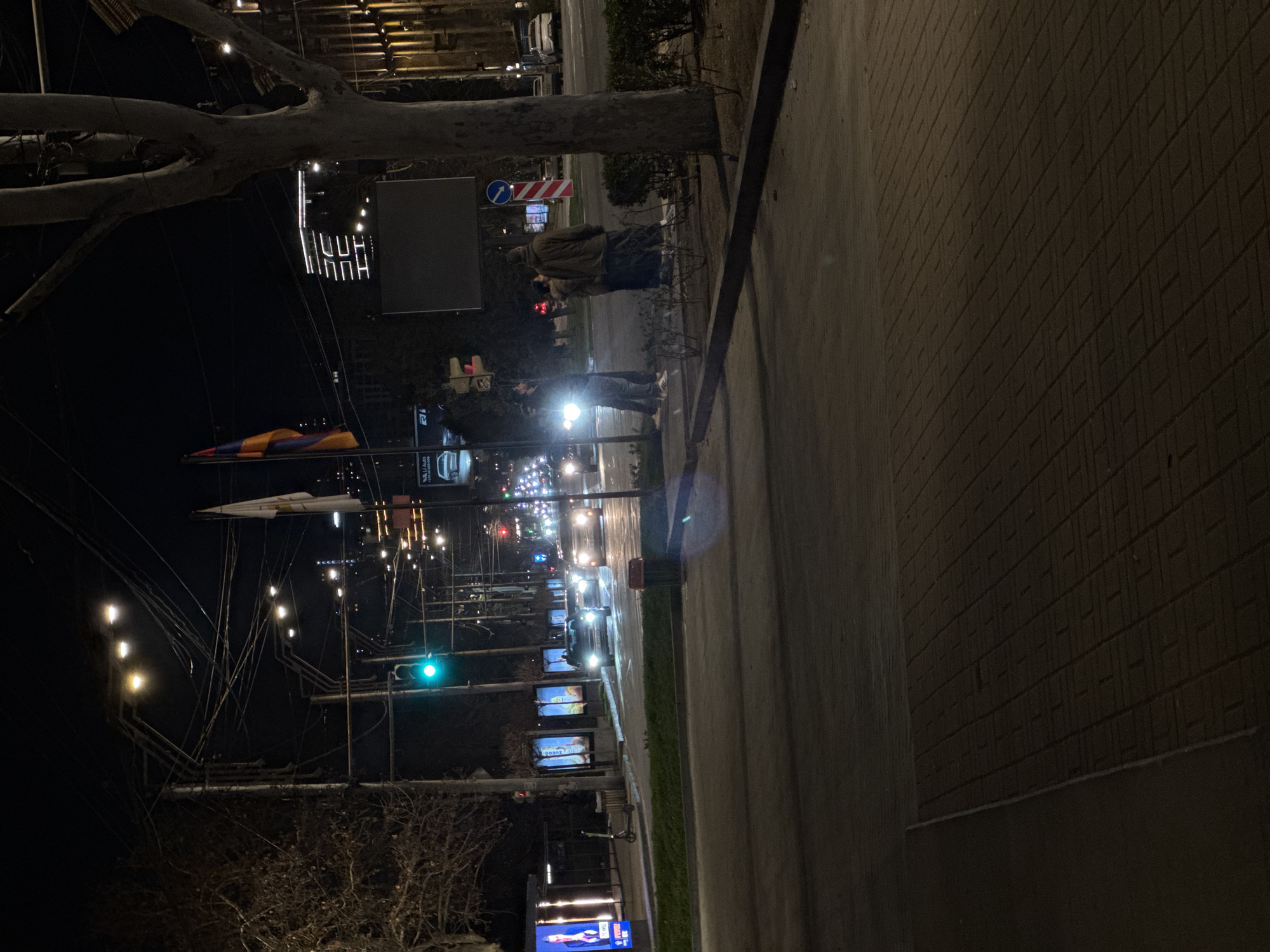The scene depicts a nighttime urban environment in Yerevan, Armenia, characterized by active vehicle and pedestrian traffic. The image is taken from a low vantage point on a paved sidewalk, looking down a wide street.
**Location Identifiers:** An Armenian national flag (red, blue, orange vertical stripes) and a white flag with a gold emblem fly from poles on the right side of the street. A billboard on the right displays "LI Auto" and the Armenian phone prefix "+374".
**Environment:** The time is night, with artificial light sources illuminating the area. The sky is dark and clear. The foreground features a dark brick-patterned sidewalk, transitioning to a dark, smooth surface. A raised curb separates the sidewalk from a narrow strip of low bushes and a large, bare deciduous tree on the right. On the left, a median strip with sparse vegetation separates two directions of traffic. The multi-lane asphalt road appears dark and slightly reflective, possibly wet. Numerous utility poles with a dense network of overhead wires are visible on the left. Tall buildings with various illuminated features, including one with prominent vertical white light strips, form the background.
**Objects:**
* **Road:** At least two visible lanes in the direction of the camera. Several vehicles with active headlights are present; a light-colored car is prominent in the mid-ground, and others are further down the street, indicating active traffic. A light-colored SUV is parked further down on the right.
* **Signals:** A green traffic light is active on the left side of the road, and a red traffic light is visible further down.
* **Street Furniture:** A bus stop shelter with illuminated advertisements (one featuring a male figure in a suit) is on the far left. A black electric scooter is parked near the bus stop. A dark trash receptacle is positioned near the large tree on the right.
* **Signage:** Besides the flags and "LI Auto" billboard, a large, dark, rectangular panel (likely an inactive digital billboard) is visible on the right. A blue circular sign with a white right-pointing arrow is on a pole, next to a red and white striped pole.
**People:** Four individuals are standing on the right sidewalk, near the large tree and bushes. Their clothing consists of dark jackets and pants, with one person wearing light-colored sneakers. Their postures suggest they are standing and possibly conversing or waiting. Their faces are obscured by distance and low light.
**Actions:** Vehicles are either moving or stopped at the traffic light. The pedestrians are stationary. No direct interaction between the pedestrians and vehicles is discernible.