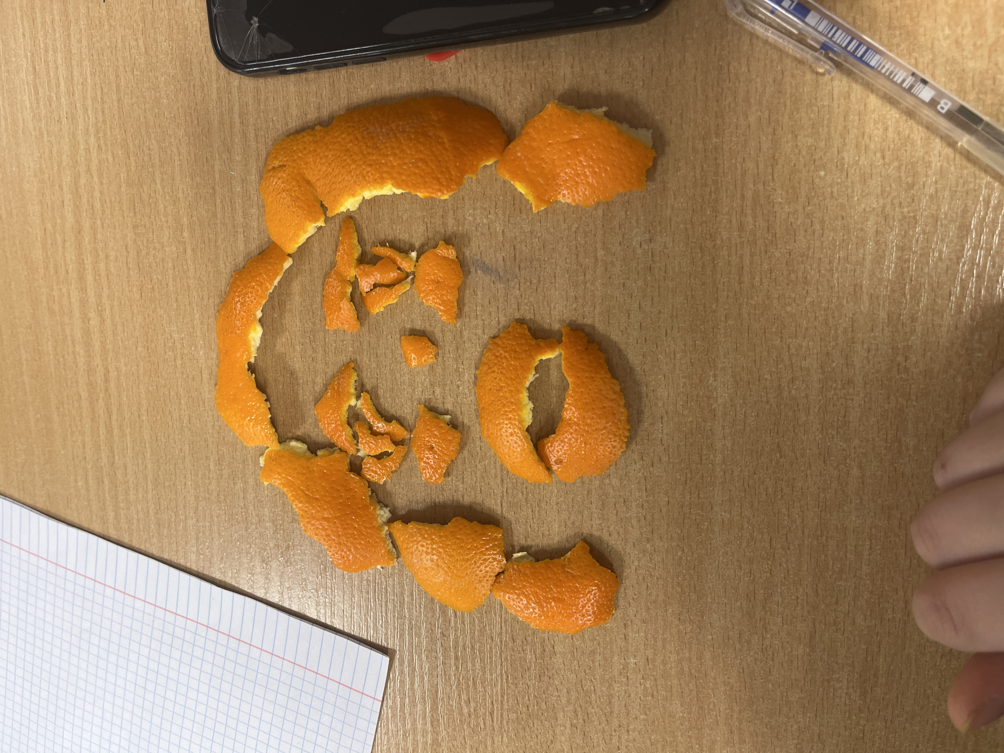A high-angle shot reveals a wooden surface, possibly a desk or tabletop, upon which an orange peel has been arranged to vaguely resemble a smiling face. The peel is in several pieces, forming a circular outline and rudimentary features. To the upper left, a black smartphone with a cracked screen is visible. Adjacent to the peel is a sheet of lined paper. A pen is located on the upper right, and a hand intrudes into the frame on the lower right. The setting does not offer cues specific to Saint Petersburg.