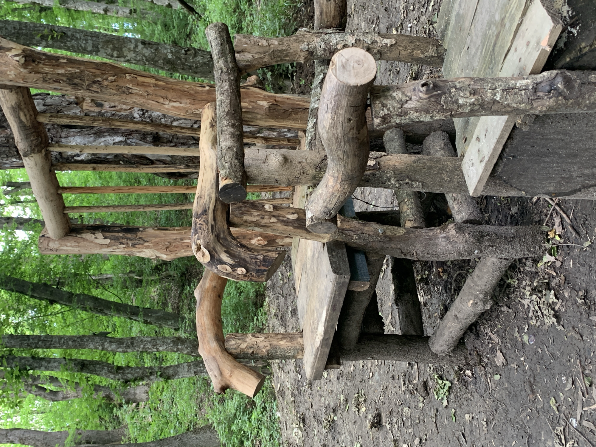 This image, located in Unknown, Unknown, depicts a large, rustic, handcrafted wooden chair or throne situated in a forest clearing. The chair is constructed primarily from unhewn tree logs and branches of varying diameters and textures; some retain bark while others are stripped.
The chair features a tall, wide backrest composed of numerous vertical and diagonal logs, topped by a prominent, curved log spanning its width. Two substantial, curved branches serve as armrests; the left armrest terminates in a clean cut, while the right armrest is integrated into an adjacent, lower wooden structure, possibly a small table or bench, which is partially visible on the right side of the frame. The seat of the chair consists of two flat, weathered wooden planks. The base and legs are formed by sturdy, thick logs firmly set into the ground.
The ground around the chair is bare, dark brown soil, scattered with dead leaves, small twigs, and organic debris. In the background, a dense forest extends, characterized by numerous tall trees with varied bark textures and abundant green foliage, suggesting a lush, wooded environment. The lighting is natural and even, without strong shadows, indicating an overcast or diffused light condition. No people or animals are present in the scene.