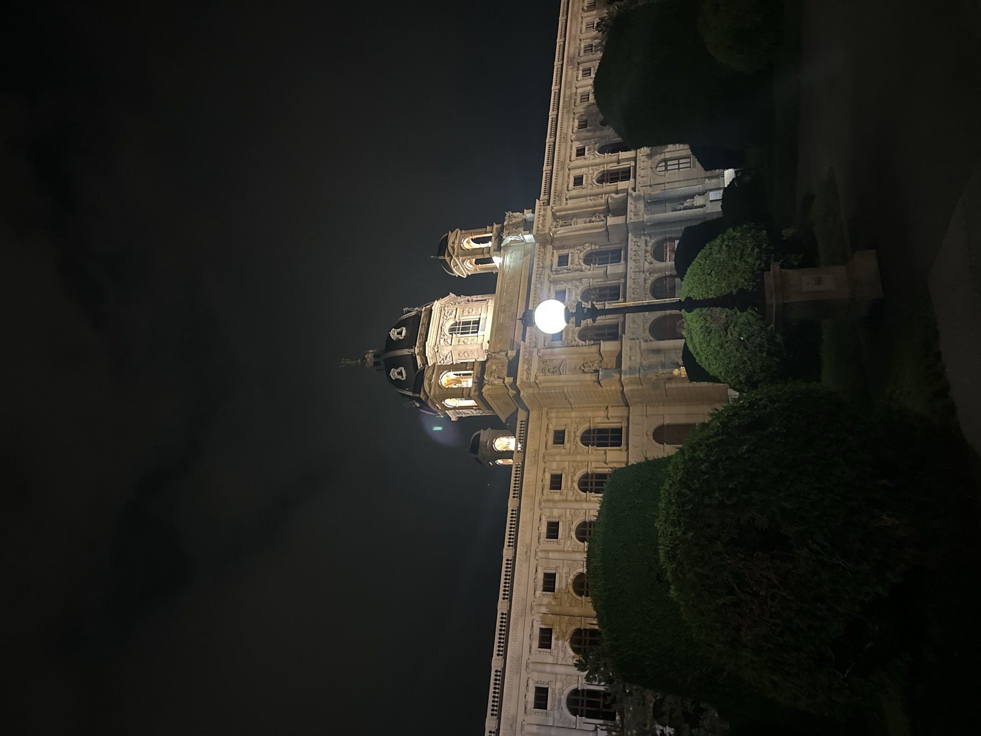 The image shows the exterior of the Naturhistorisches Museum (Natural History Museum) in Vienna, Austria at night. The grand, ornate building is illuminated by artificial lights, highlighting its classical architecture, including domes, columns, and numerous windows. In the foreground, sculpted bushes and a lamppost add to the atmospheric setting. The sky above is dark and cloudy. There are no people or animals visible in the scene.