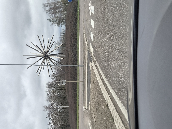 The scene depicts a roundabout on an overcast day, observed from inside a stationary vehicle in Florange, France. The exact location is the Roundabout Charles de Gaulle. In the immediate foreground, the top edge of a vehicle's dashboard is visible. The asphalt roadway ahead features white pedestrian crossing stripes and a textured grey curb with a white painted line.
The central island of the roundabout is covered with low, dense, dark reddish-brown shrubs and a strip of green grass. A prominent, abstract metallic sculpture, "La Gerbe d'Acier" (The Steel Sheaf) or "L'Étoile de Florange," stands centrally on the island. This sculpture is composed of numerous grey and darker-toned cylindrical rods radiating outwards from a central spherical point, creating a starburst effect.
A tall, slender grey utility pole stands vertically in front of the sculpture. To the left of the pole, a weathered wooden post supports a faded, multi-directional sign with unreadable text. On the far right edge of the roundabout island, a blue circular mandatory sign with a white arrow indicating clockwise movement is visible. The background consists of a dense line of bare deciduous trees and some scattered conifers, bordered by a dull, grey, overcast sky. No individuals or other active vehicles are present in the visible portion of the scene.