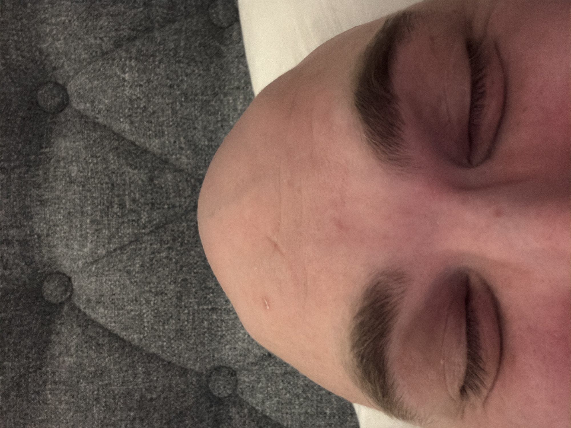 A close-up, angled view shows a person's face with closed eyes, suggesting they are sleeping. The skin tone appears fair, with visible eyebrows and eyelashes. A tufted gray surface is to the left, contrasting with the person's skin. A white pillow is also present. The location is not evident from the image.
